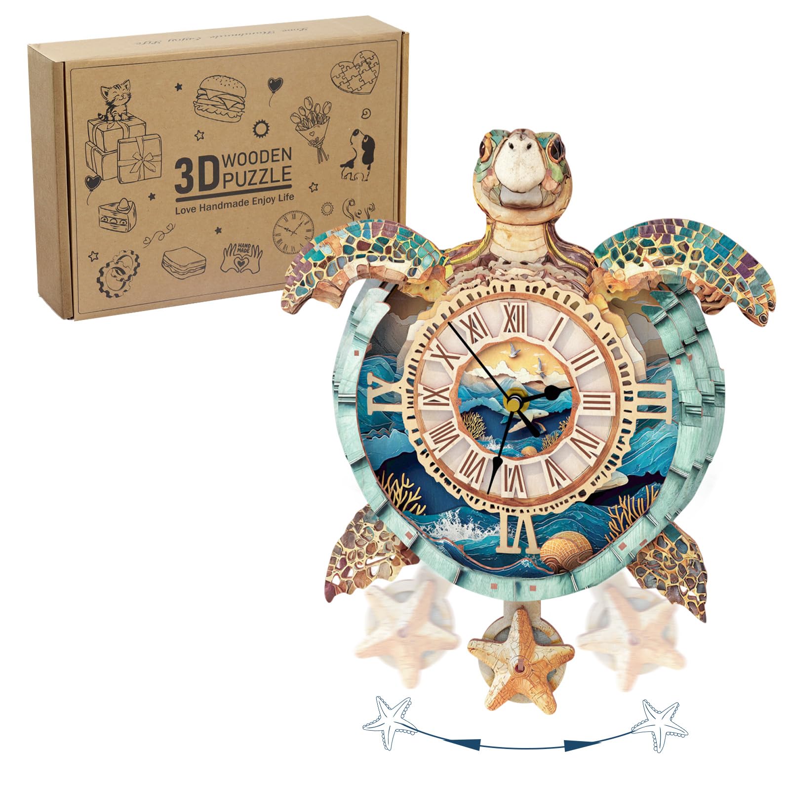 Puzzles 3D pour adultes - Horloge tortue de Noël à faire soi-même, mécanisme avec pendule en bois - Décoration murale de bureau, chambre à coucher, cadeau personnalisé pour les amateurs de bricolage