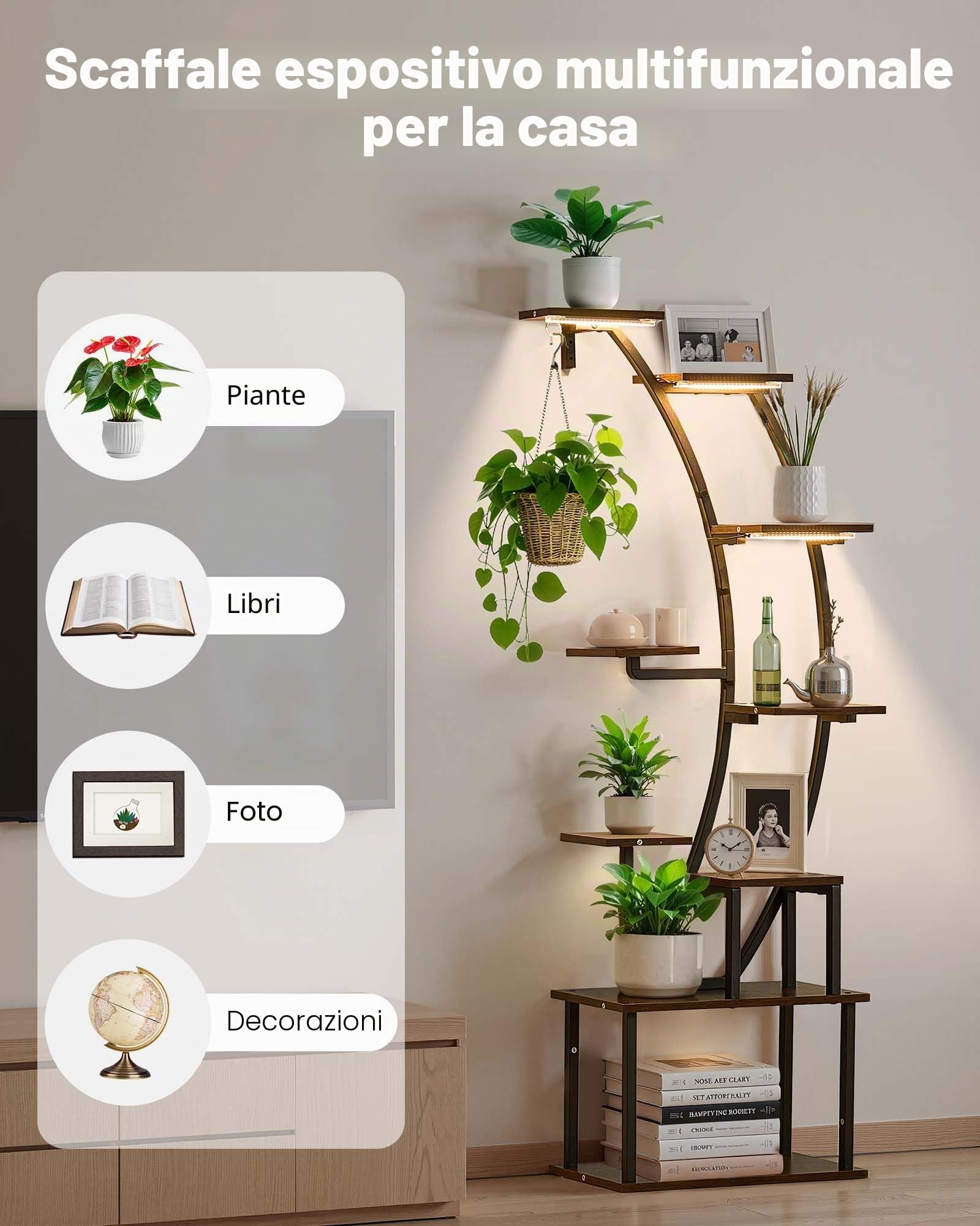 VEVOR Scaffale per Piante Moderno con Luci di Crescita, Scaffale Illuminato per Piante a 9 Livelli Alto 1600 mm, Supporto Angolato in Metallo, 3 Timer e 10 Livelli di Luminosità, Espositore per Fiori