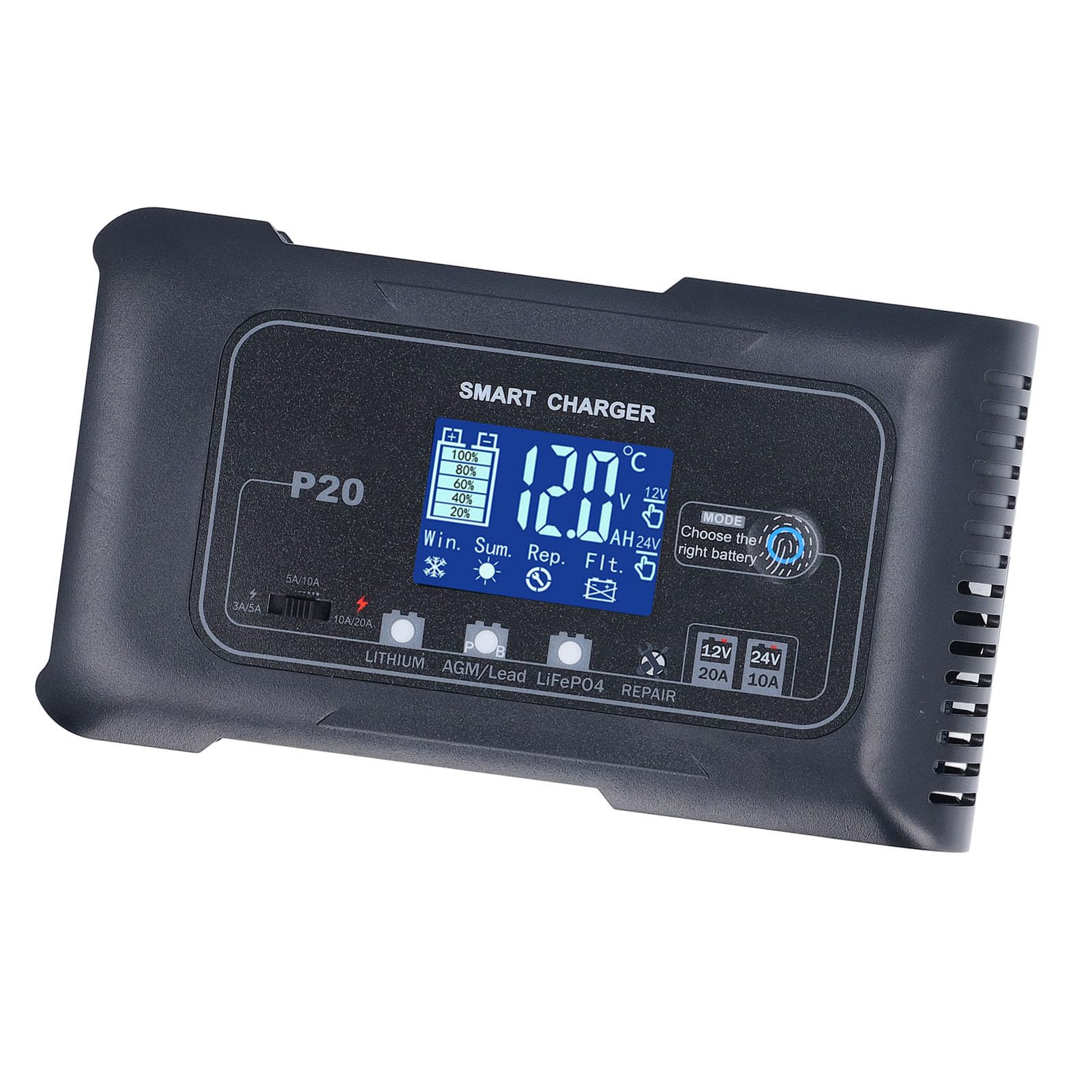CHICIRIS Ładowarka Akumulatorów 12V 24V, Automatyczna Inteligentna ładowarka z funkcją Naprawy Impulsów i Wyświetlaczem LCD, do Mokrego Akumulatora Litowego AGM GEL EFB MF (wtyczka UE)