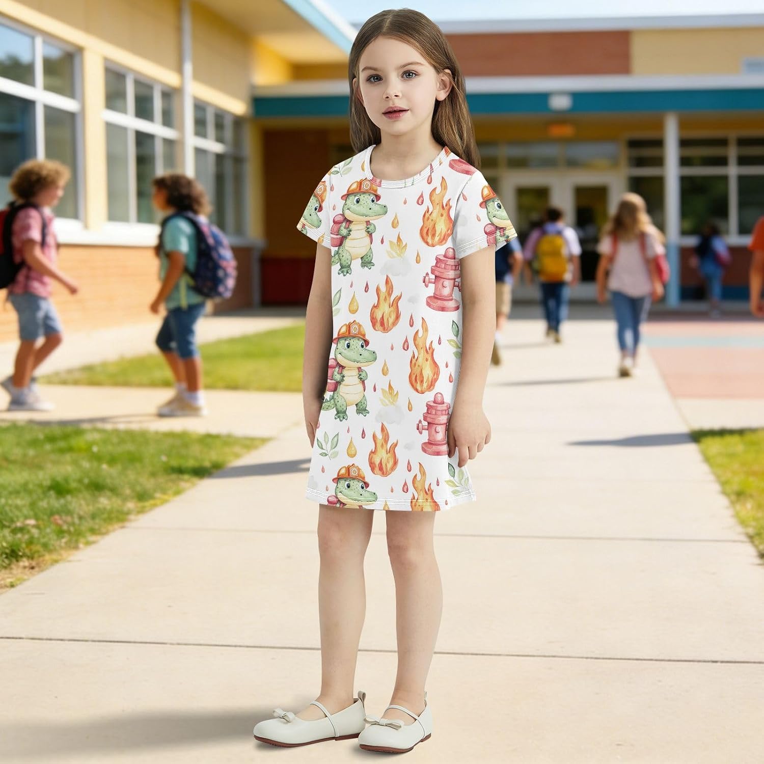 Crocodile and Fire Girls Dresses Summer Dresses for Girls with Cotton Short Sleeves for Casual a Line Dress Size2-8Y