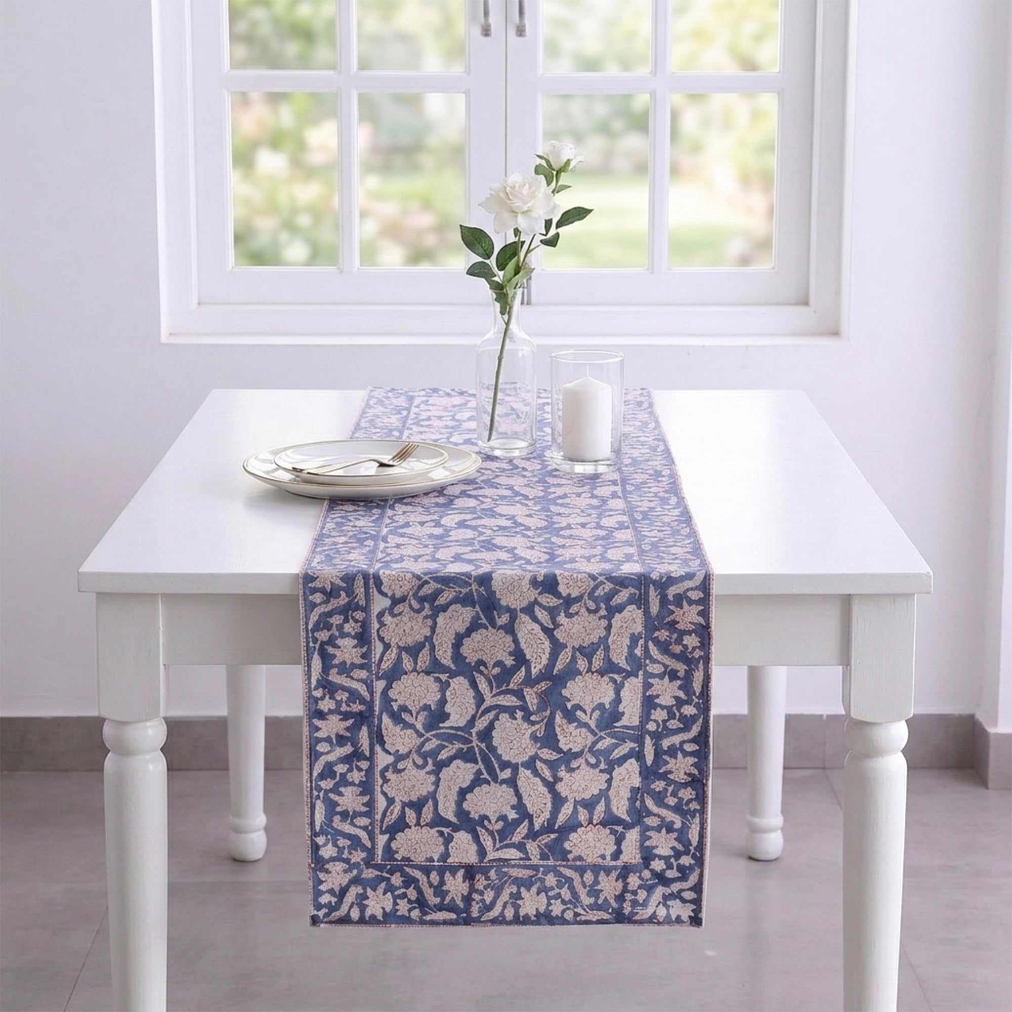 Hand Block Printed Cotton Table Runner - Floral Design -11