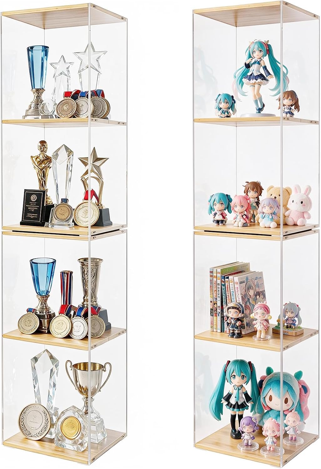X-cosrack 2 Pack Clear Display Shelf & Display Cabinet, Tall 4-Tier Acrylic Display Case, Stackable Collectible Display Case for Action Figures, Trophies, Hobby Collection, Desktop & Floor Showcase