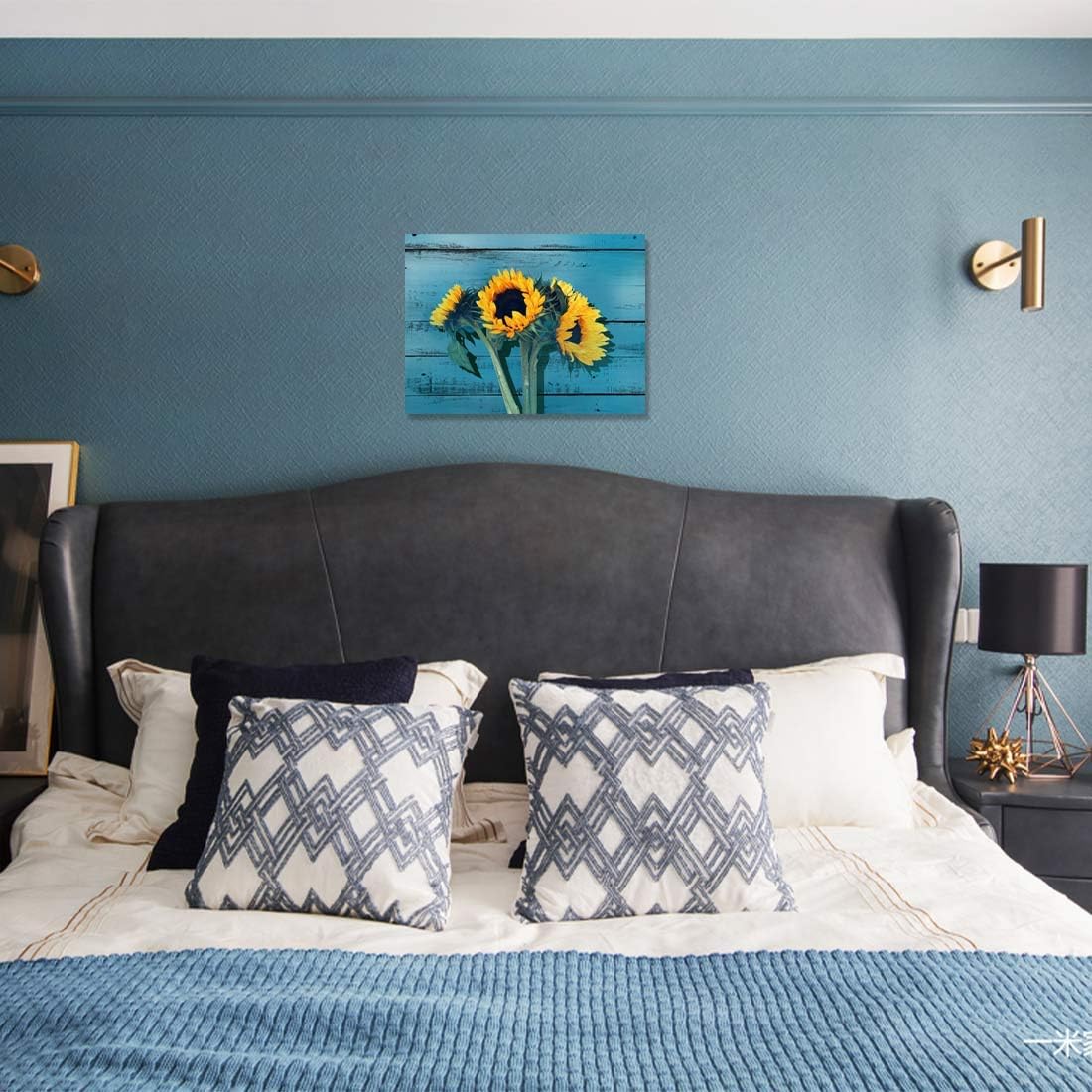 Rustic Bathroom Decor for the Home Country Wall Art for Bedroom Sunflower Themed Farmhouse Bathroom Pictures Teal Decor Kitchen Canvas Framed Artwork for Walls Blue Wooden Board Modern Home Size 12x16