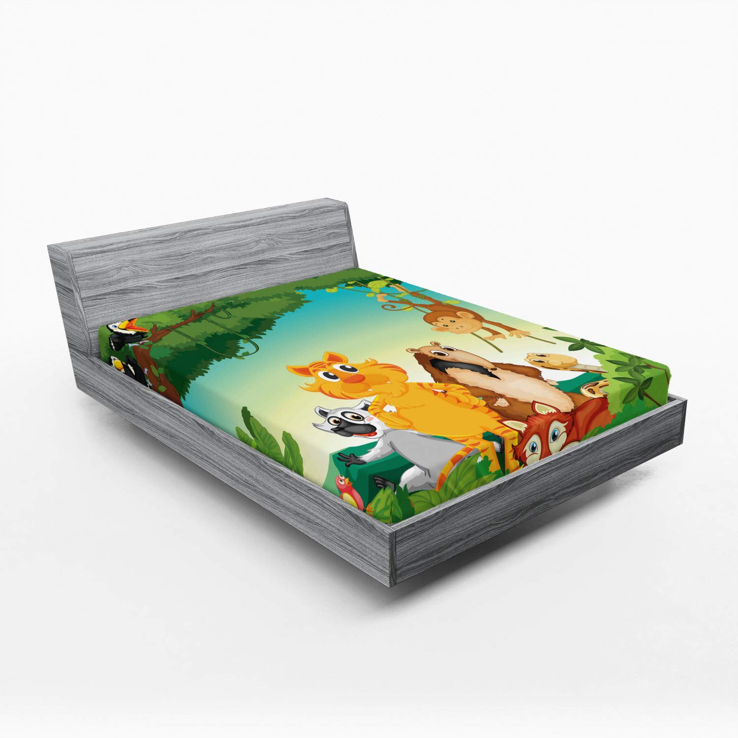 Ambesonne Zoo Fitted Sheet, Forest Scene with Different Animals Habitat Jungle Tropical Environment Cartoon, Bed Cover with All-Round Elastic Deep Pocket for Comfort, Full Size, Green Orange