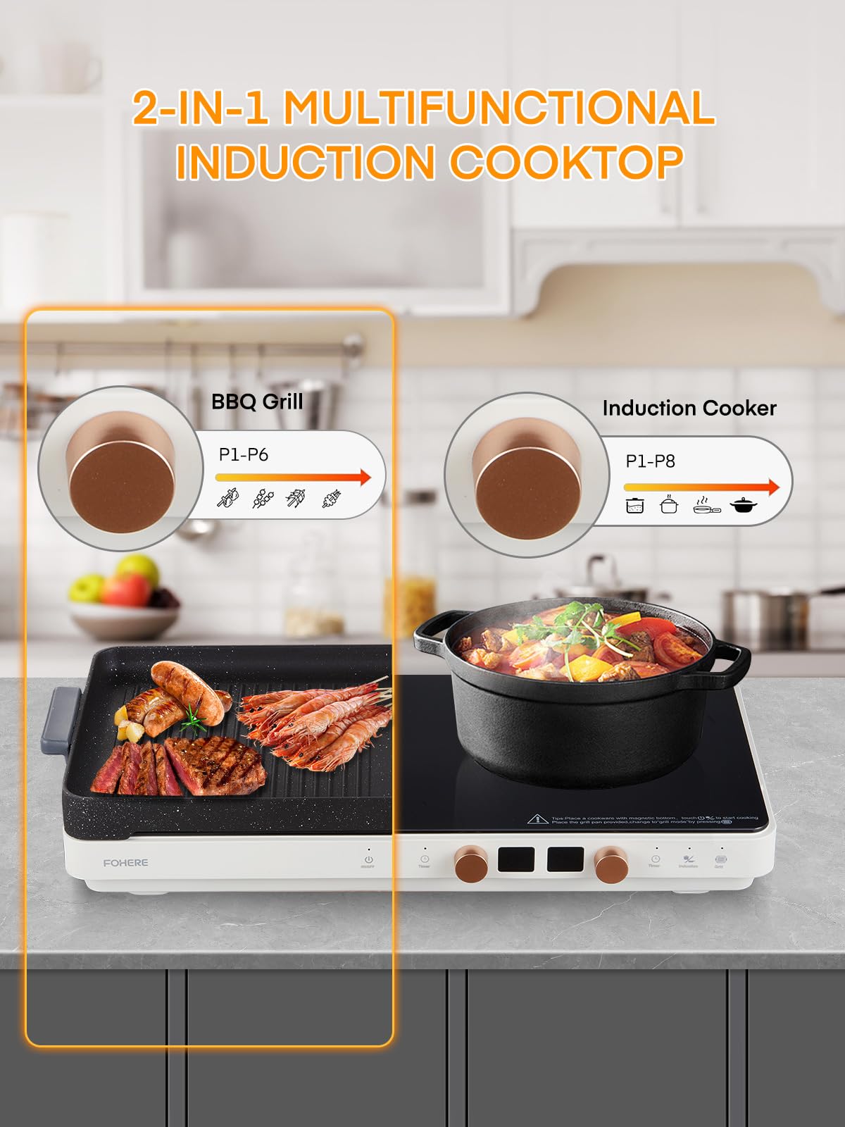 Induction Cooktop 2 Burners, Double Induction Hot Plate with Removable Iron Cast Griddle Pan Non-stick, Independent Temperature Control,Touch 8 Power Levels, 99 Min Timer for Magnetic Cookware