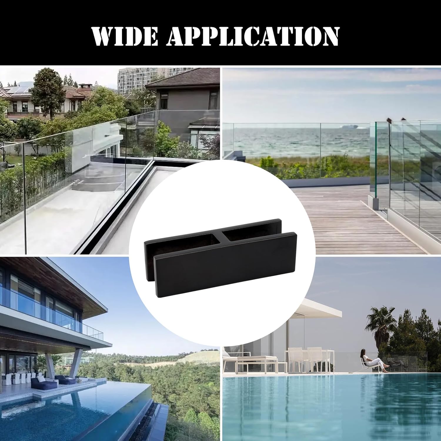 4Pcs Black Glass to Glass Clamp 180° Railing Clamp Holder, Stainless Steel 304 Matte Bracket for 3/8"-1/2"(10-12mm) Thinkness for Balustrade Pool Fence