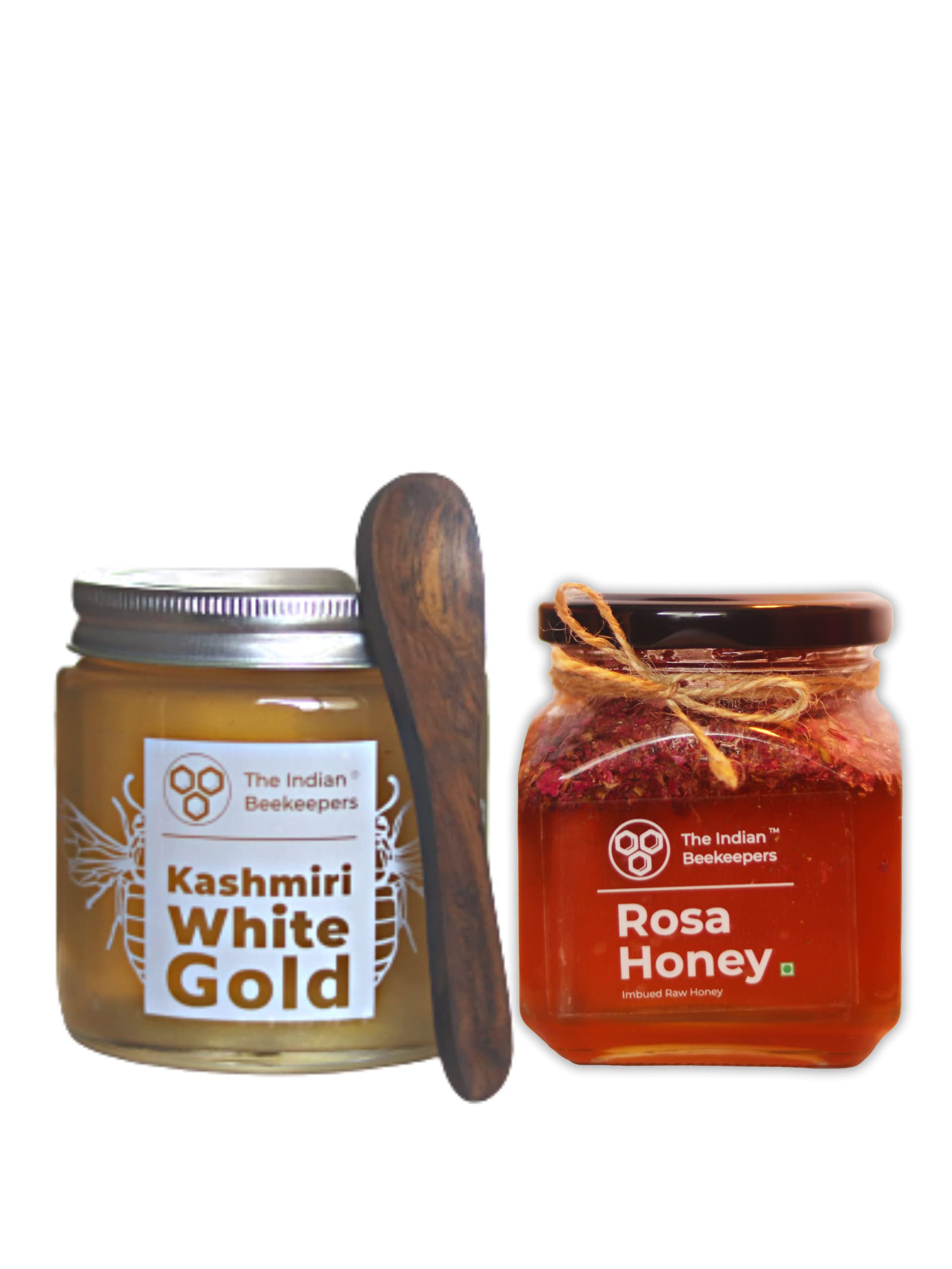 The Indian Beekeepers Combo Pack of 2 - Kashmiri White Honey, Pure White Gold, 365 gm (Wooden Spoon Free) + Rosa Honey, Rose Imbued Raw Honey, Natural Blood Purifier, No Sugar Added, 275 gm