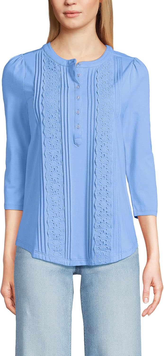 Lands' End Women's 3/4 Sleeve Lightweight Jersey Embellished Top