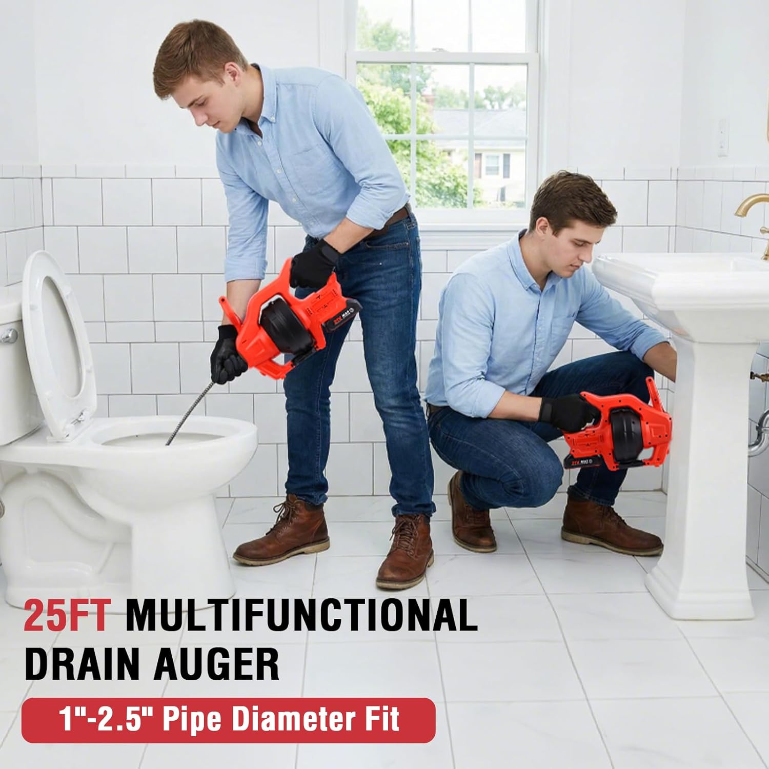 2026 Upgraded Cordless Electric Drain Auger, 20V 25Ft Auto-Feed Power Drain Snake with LED Light 2.0Ah Battery, Charger & Storage Bag, Heavy Duty Clog Remover Tool for Toilet Sink Bathroom Sewer Pipe