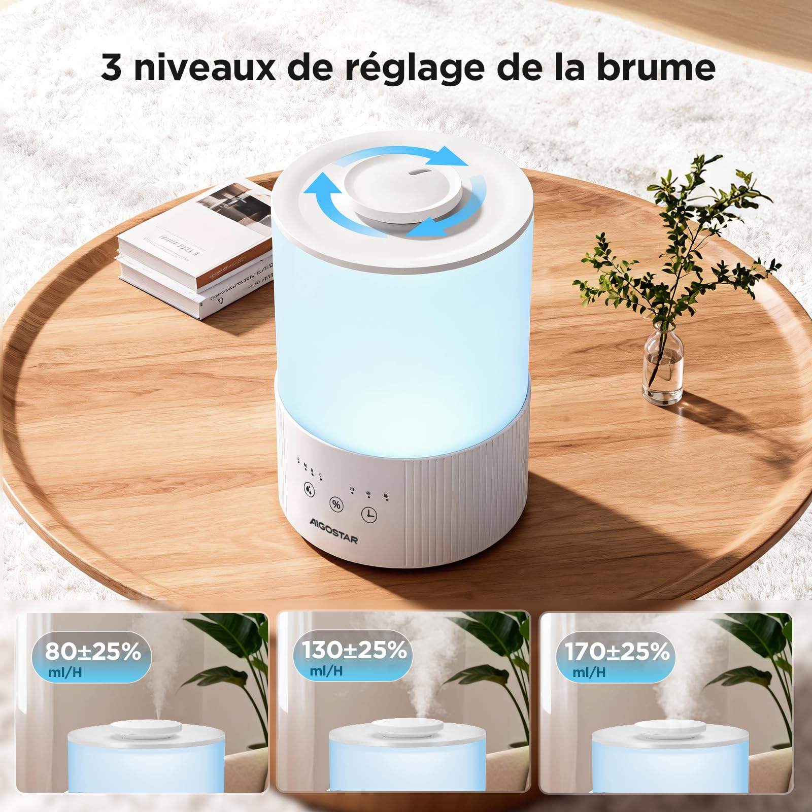 Aigostar Humidificateur d'Air 2,5L Ultra Silencieux avec Diffuseur d’Huiles Essentielles, Minuterie 8H & Veille, Arrêt Auto, 3 Niveaux de Brume, LED 7 Couleurs – Idéal pour Bébé, Chambre, Bureau