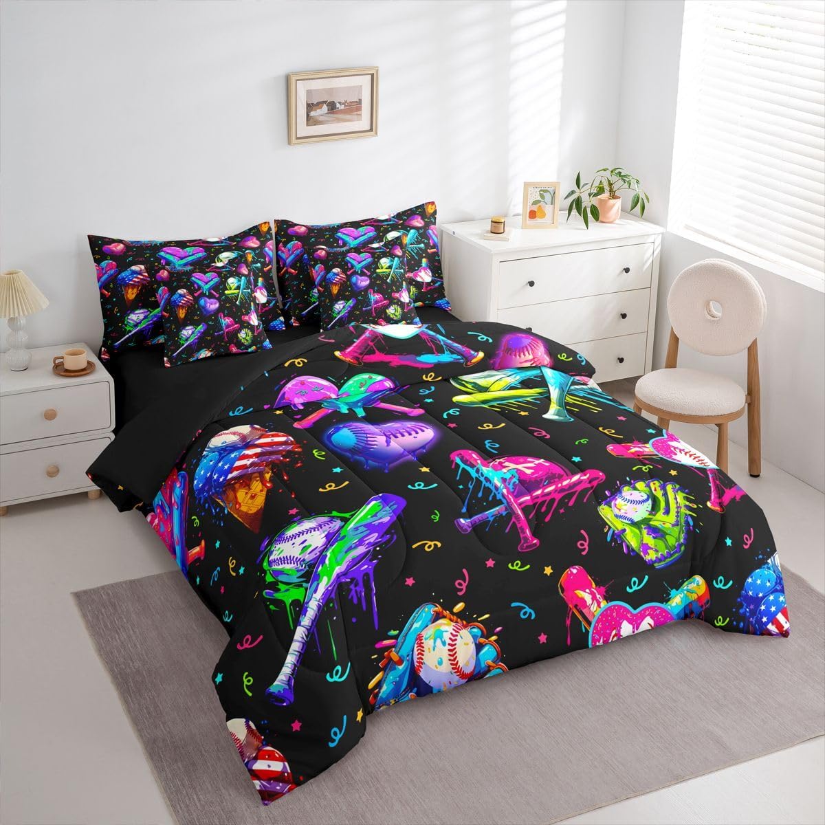 Kids Baseball Cream 7 Piece Bedding Set Queen Size Ice Cooling Bed in a Bag For Boys Girls Teens Bedroom Decor Baseball Gaming Comforter Set with Sheets,Pillowcases & Cushion Cover Sports Microfiber