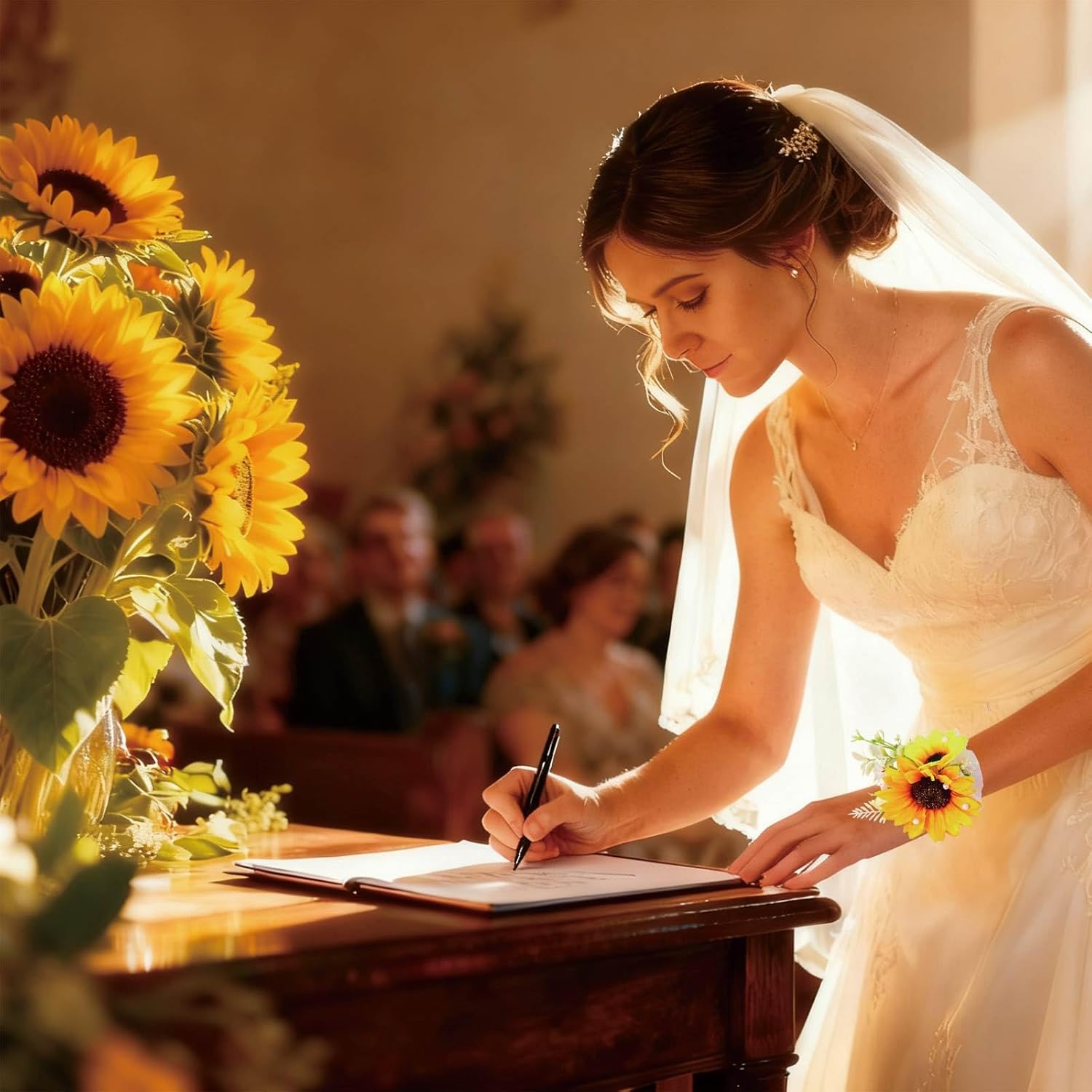 Wrist Corsage and Boutonniere Set, Artificial Rose Corsage Wristlet and Boutonniere for Wedding Prom Party (2pcs Sunflower Wrist Corsage) - Image 3