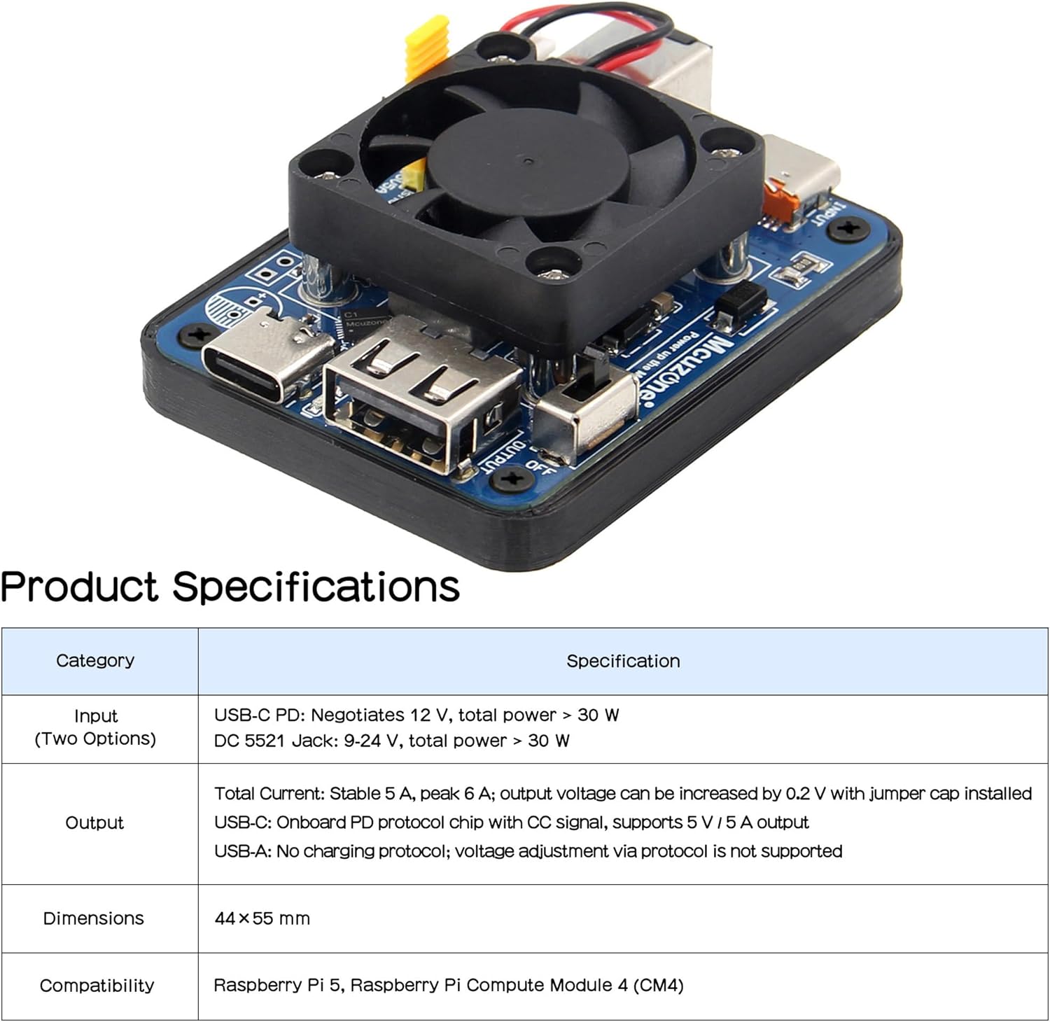5V 5A Dual PD Power Supply Module with Cooling Fan | 9-24V to 5V Step Down Power Converter Expansion Board for Raspberry Pi 5