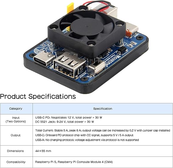 Geekworm Module d'alimentation 5 V 5 A pour Raspberry Pi 5, prise en charge double sortie, double entrée CC 9-24 V et USB-C PD 12 V - 2
