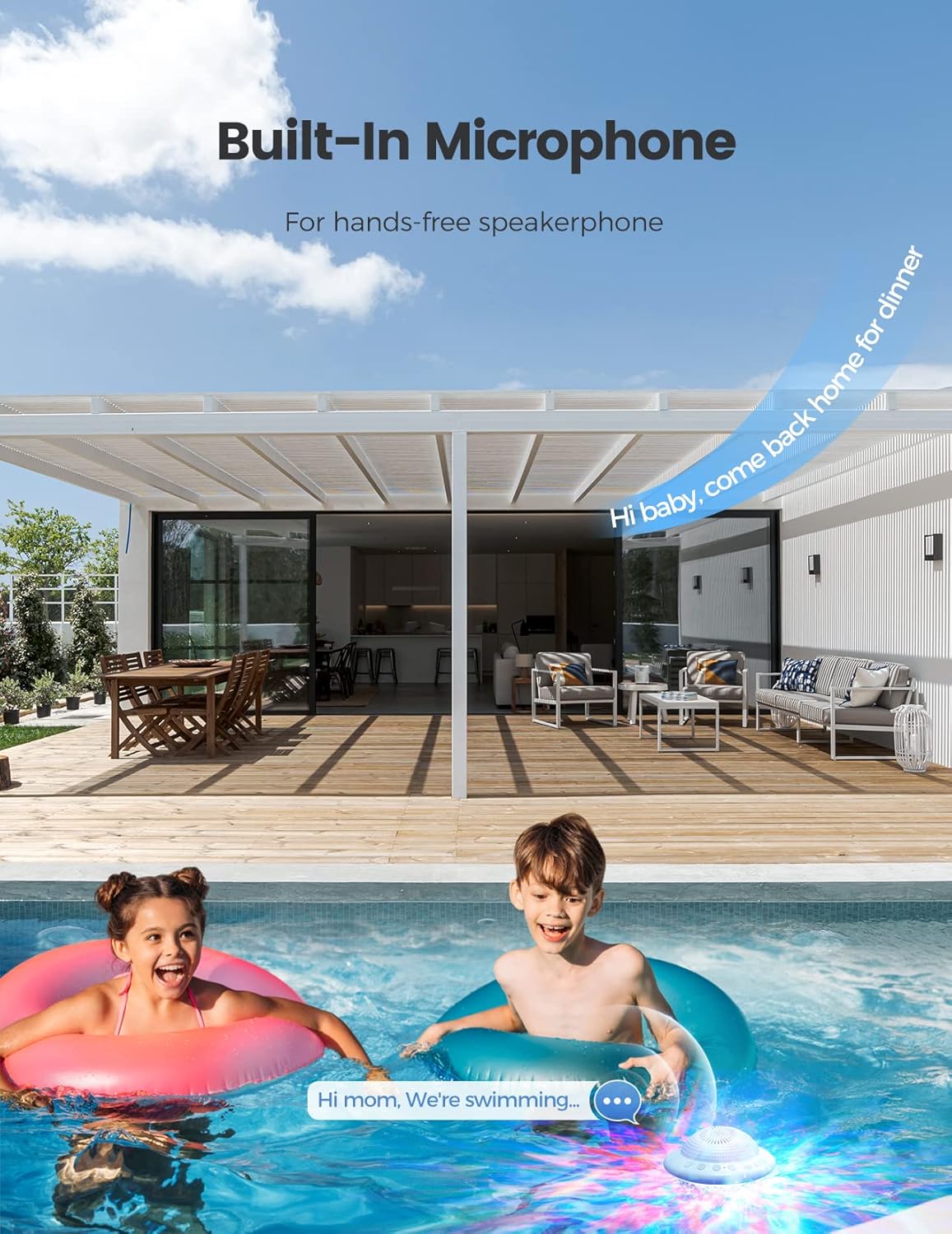 Children in a swimming pool with the YIZEELFAR Floating Pool Speaker, illustrating its built-in microphone for hands-free calls.