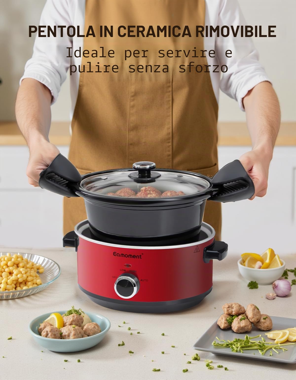 3,5L | 200W slow cooker con 3 impostazioni di calore e indicatore di potenza, lavabile in lavastoviglie e con manici, coperchio in vetro facile da pulire (rosso)