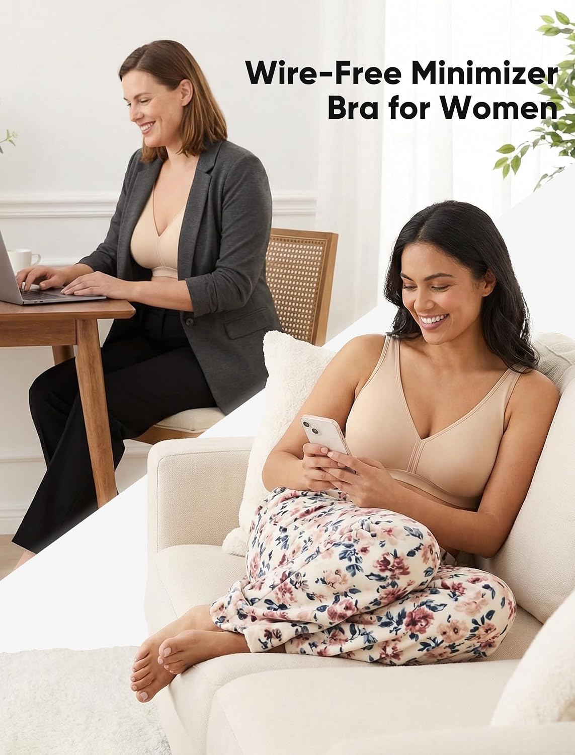 Soft Minimizer Bras for Women No Padded,Seamless Full Coverage Support Bra,Elasticity Bra with High Side Everyday-Beige,3XL+