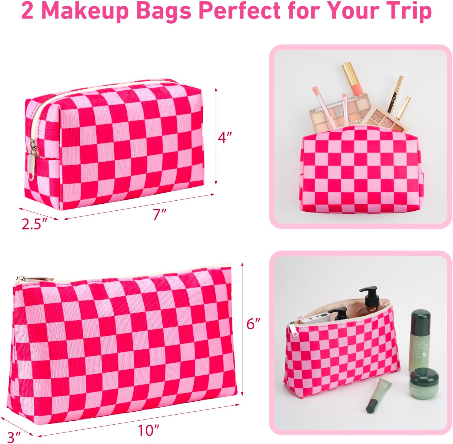 ZUBOND Beach Tote Bags for Women 3 Pack, Large Trave Tote Bag with 2 Makeup Bags, Trendy Gingham Fashion Handbags Work Bag