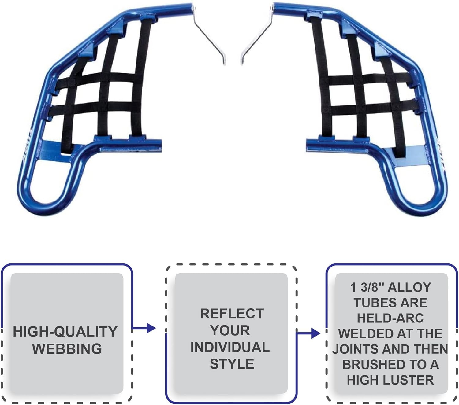 Tusk Comp Series Nerf Bars Blue with Black Webbing Compatible with Yamaha Raptor 350 2004-2013