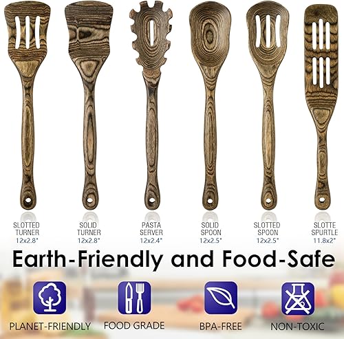 Miniatura 2 de Juego de utensilios de cocina de madera de Pakkawood de 6 piezas  Cucharas de cocina de madera con espátula ranurada, volteador, cuchara de