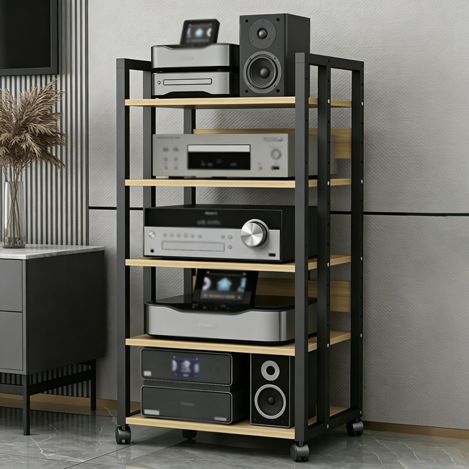 AV Media Stand, 3/4/5/6 ripiani in legno con telaio in acciaio, scaffale moderno per intrattenimento per casa, ufficio e componenti video