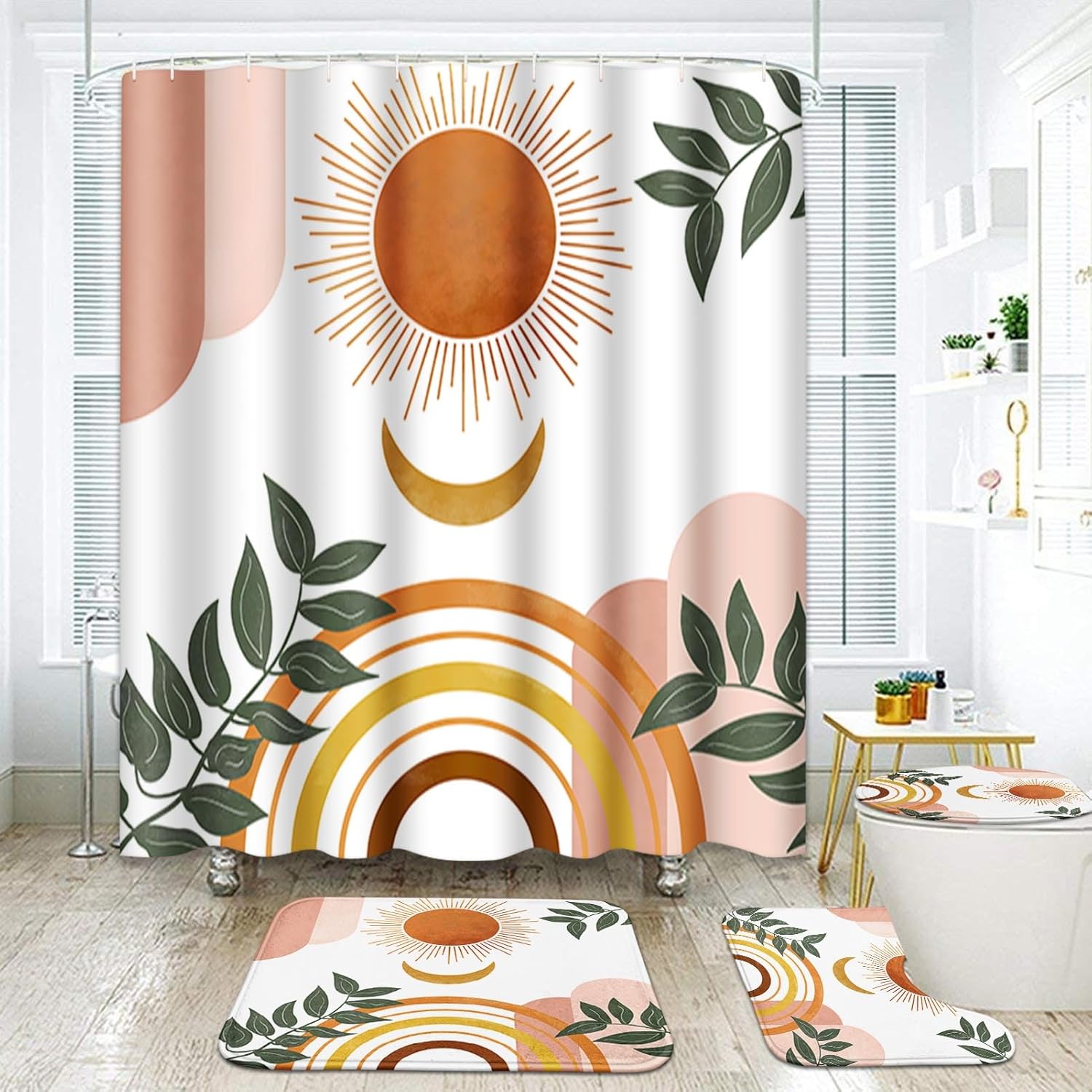 Arttown Boho Mid Century Bathroom Set with Shower Curtain and Rugs and Accessories, Sun Moon Leaf Orange Abstract Shower Curtains, Modern Art Bathroom Decor 4 Pcs