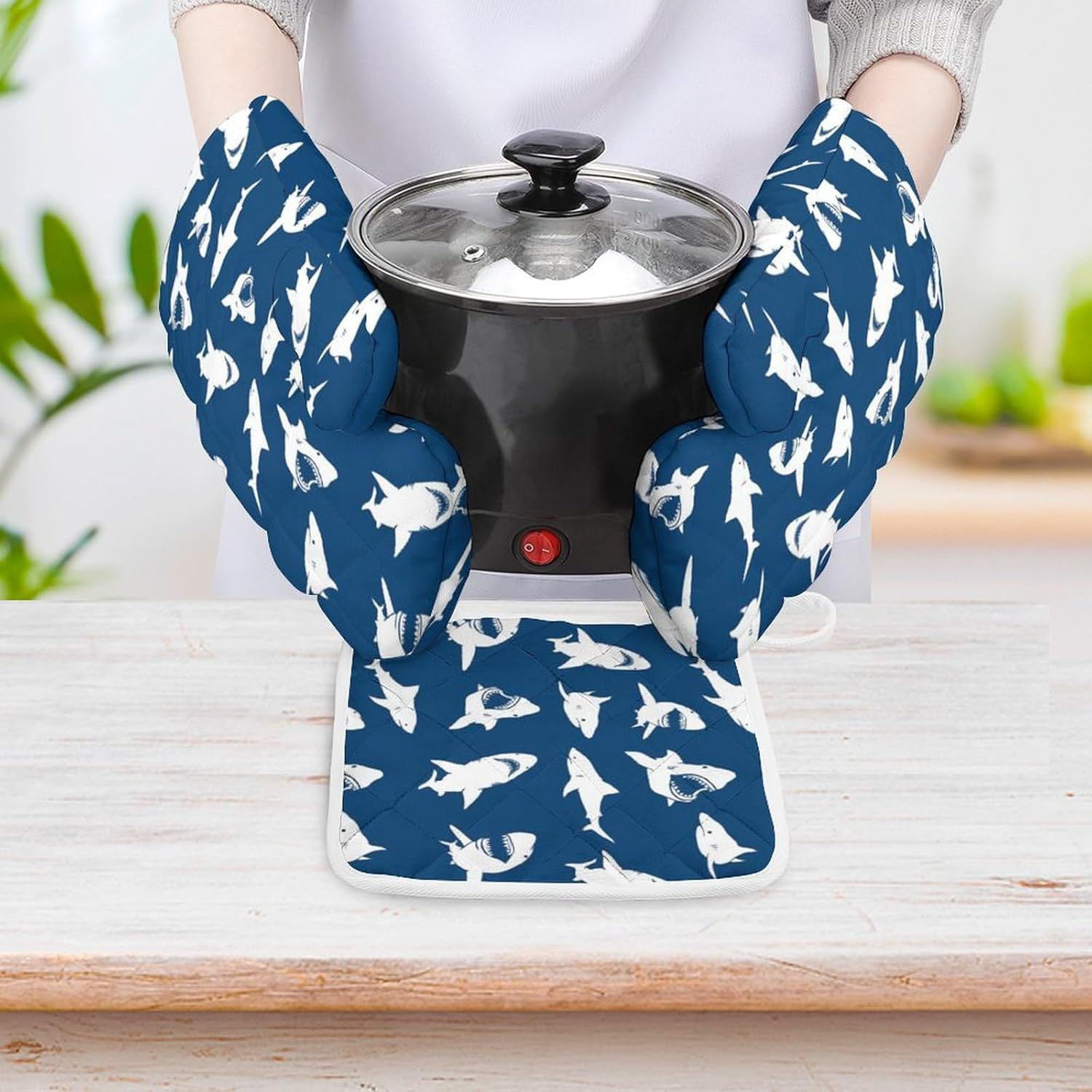 Great White Shark Print Oven Mitts and Pot Holders 3 Piece Sets Heat Resistant Gloves Hot Pads Potholders for Kitchen Baking Cooking