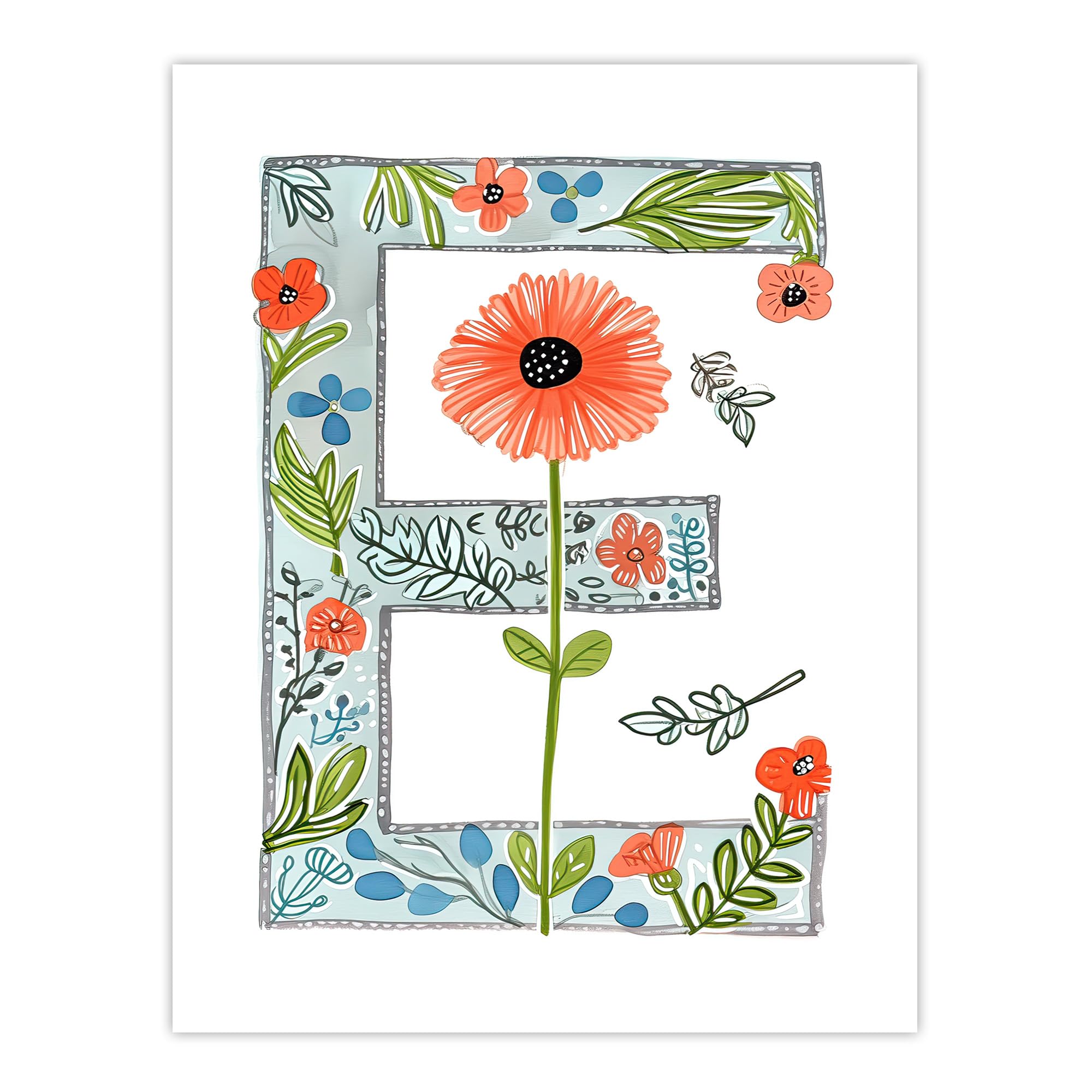 Artery8 Letter E in Watercolour Poppies and Wildflowers Floral Word Art For Her Birthday Mum Wife Woman Friend Extra Large XL Wall Art Poster Print