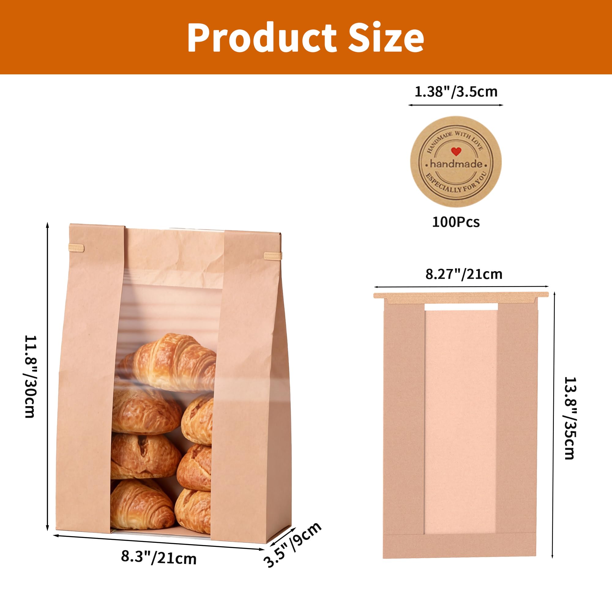 100 Lot Sacs à Pain en Papier Kraft avec Fenêtre Transparente, Grands Sacs de boulangerie 35x9x21cm avec Fermeture à Cravate en Étain et Autocollants pour Pain, biscuits, Friandises
