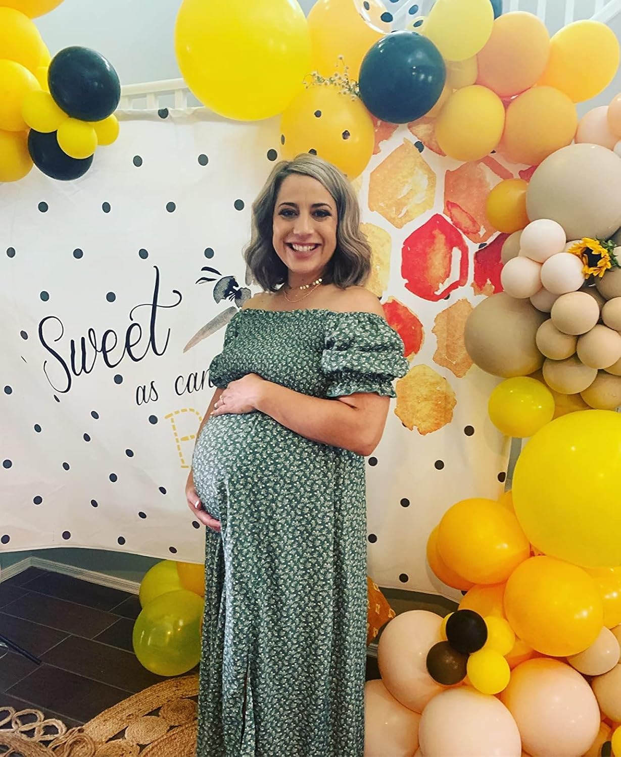 Floral Maternity Dress Square Neck Puff Sleeve Smocked Boho Photoshoot Baby Shower Pregnancy Dresses - Image 3