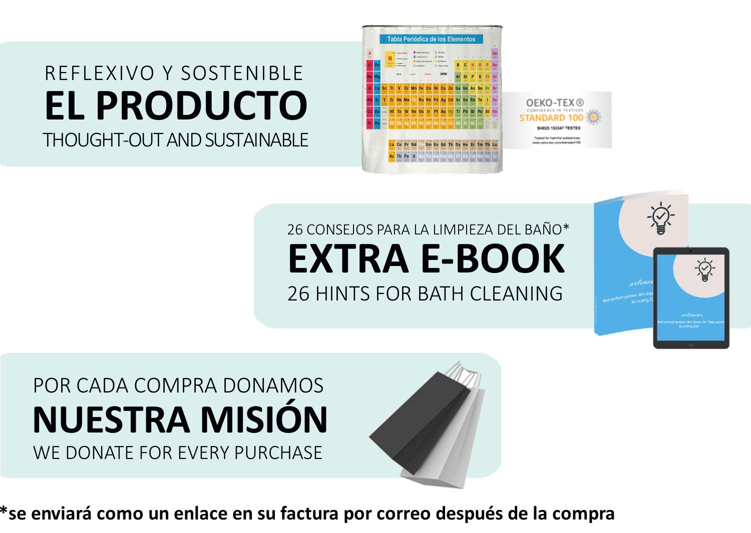 arteneur® - Cortina de Ducha 180x200 - Cortina de Baño Antimoho de Tela, Impermeable, Lavable y Opaco con Dobladillo Ponderado y Anillas (Tabla Periódica Española)