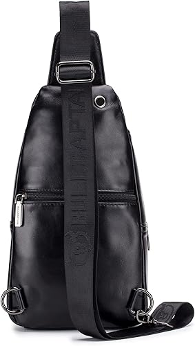 Miniatura 4 de Bolso bandolera de cuero para hombres y mujeres, para viajes al aire libre, camping, senderismo, casual, bolsa de hombro para el pecho, #01Negro,