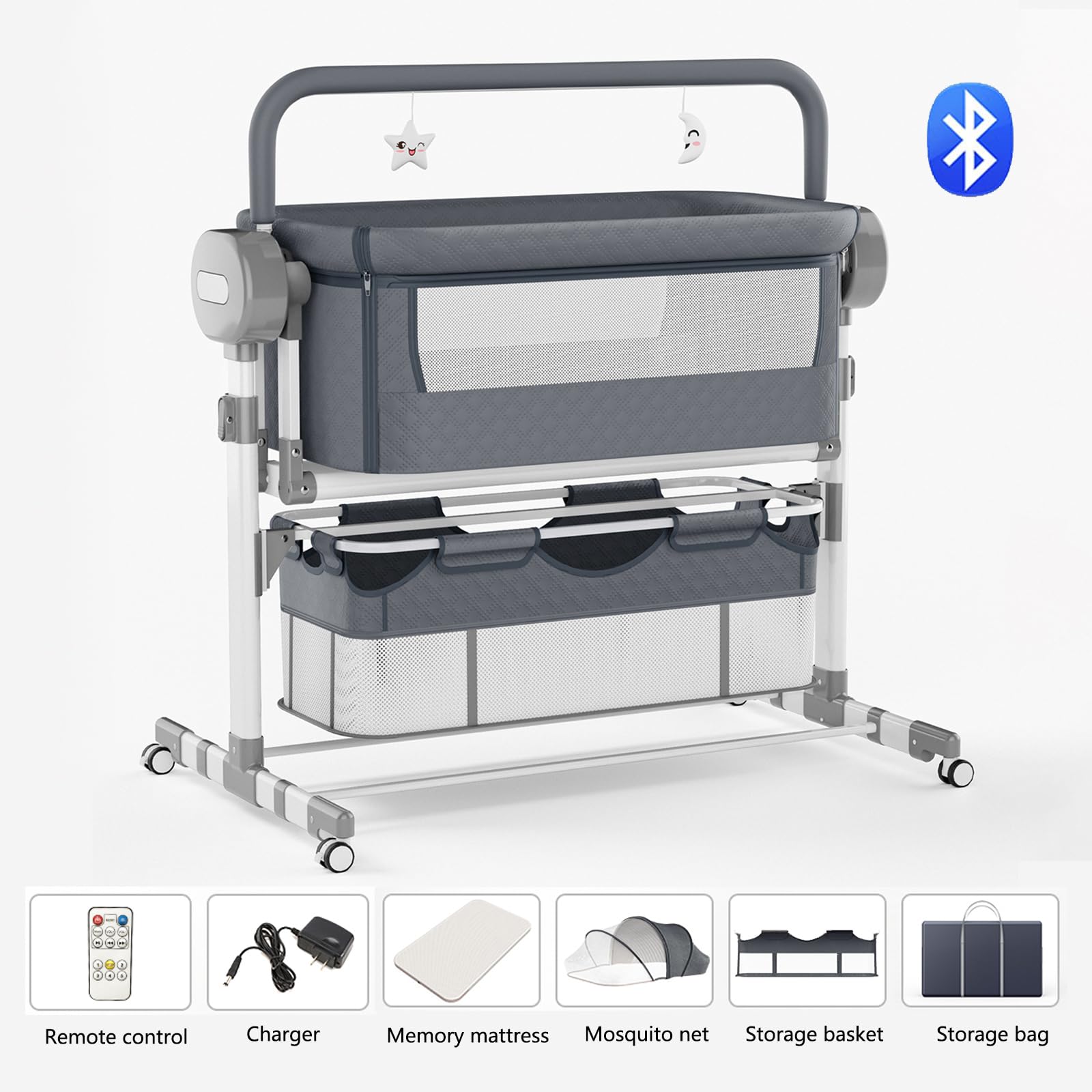 Magic ZC Elettrico Bluetooth Intelligente Culla Neonato Next to me, Pieghevole Neonato Fianco Letto con Musica, Convertibile Culla Co-sleeping, Telecomando e 5 Ingranaggi Oscillanti (608 Grey)