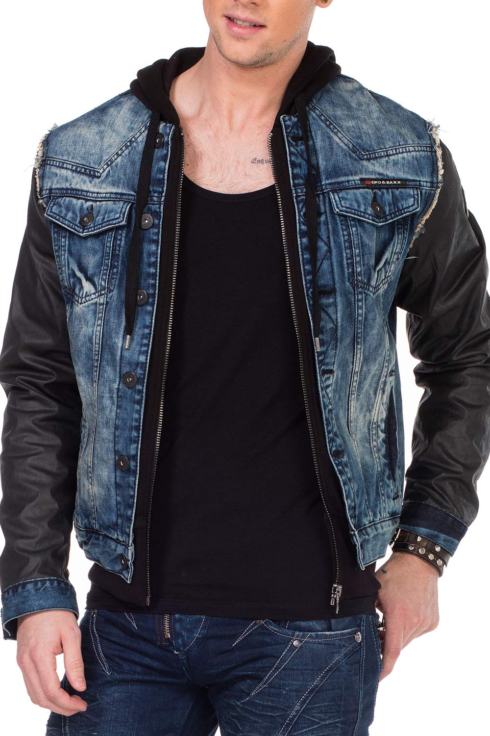 Cipo & Baxx Chaqueta vaquera para hombre, chaqueta de entretiempo, capucha de diseño, manga de piel sintética, chaqueta vaquera con capucha