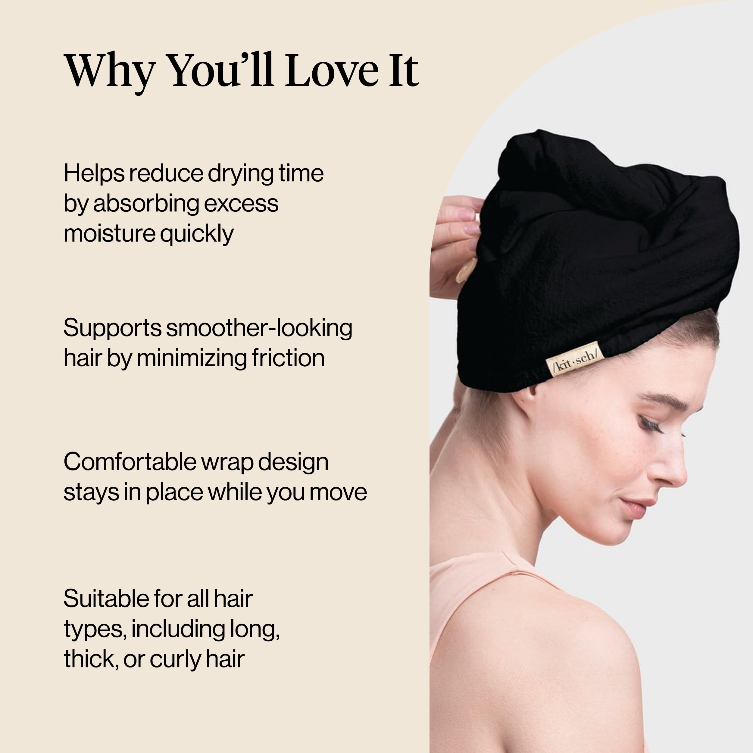 Kitsch Microfiber Quick-Dry Hair Towel Turban - Black, White, Brown, Cream KITSCH - Plush Microfiber Hair Towel Turban with Bow  main image 4