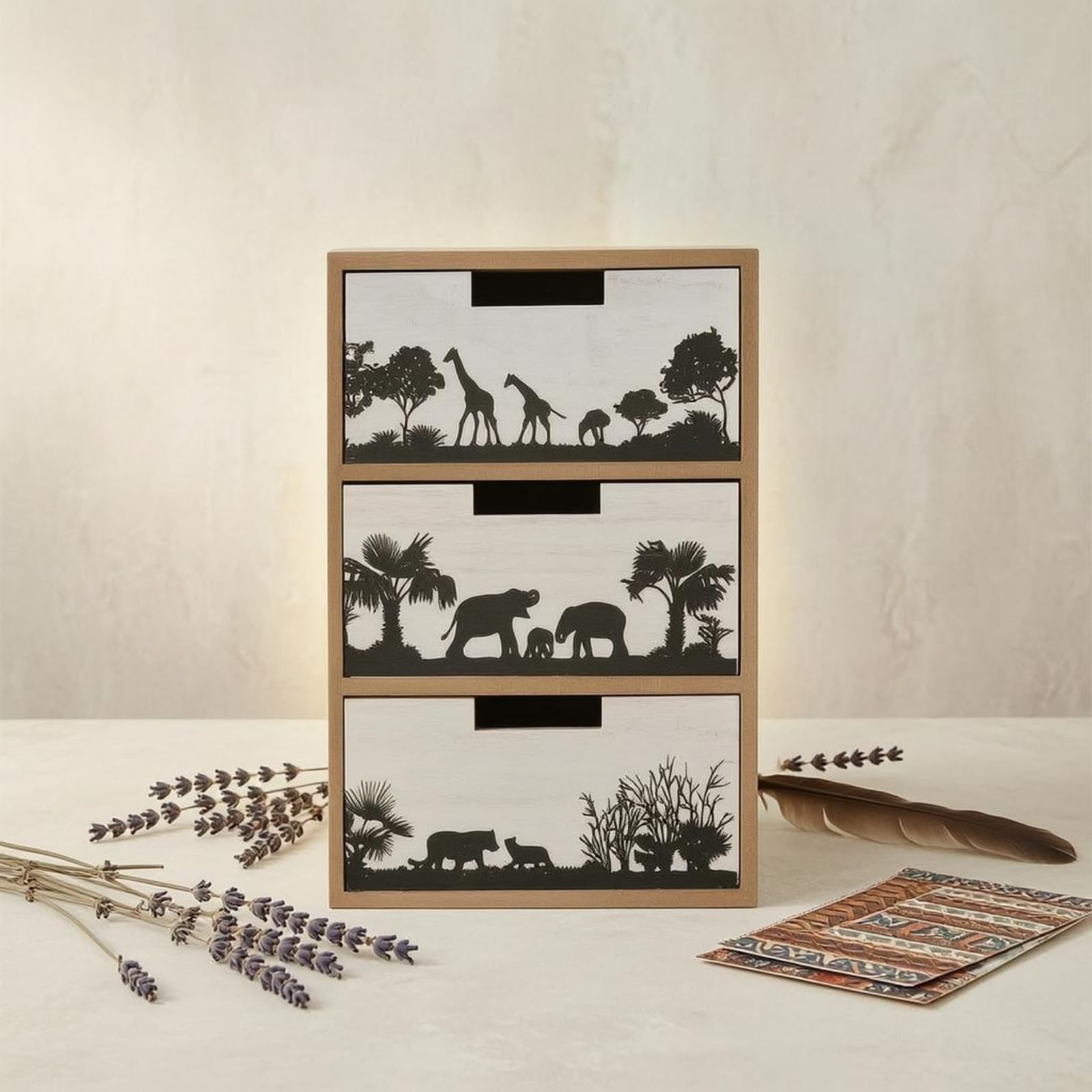 Cassettiera Verticale da Scrivania Organizzazione Ordinata Mini Cassettiera in Legno Compatto Mobile Contenitore a Cassetti, Stile Marino Con Pesci E Vita Sottomarina