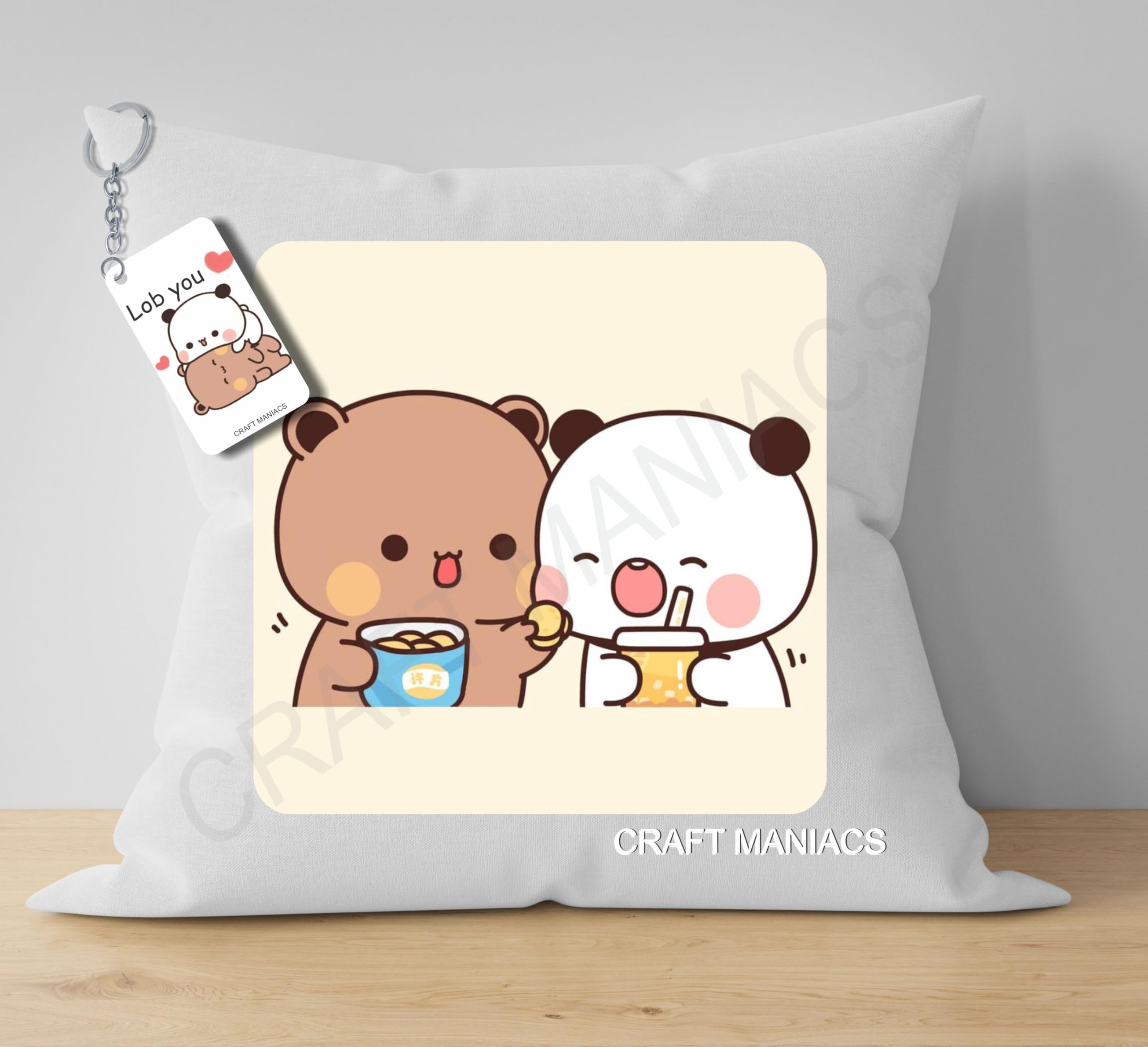 Bubu Dudu Chips Time Pillow Keychain Combo : A 16 * 16 Pillow with Filler Inside & Free Wooden MDF Keychain-image-22