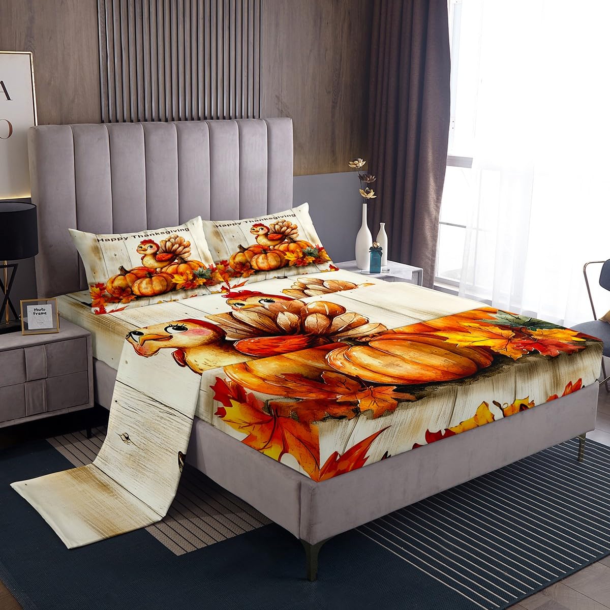 Homemissing Thanksgiving Day Bed Sheets Set Single Size Pumpkin Bedding Set for Kids Boys Girls Turkey Sheets with Deep Pocket Fitted Sheet Maple Leaves Bedding Set