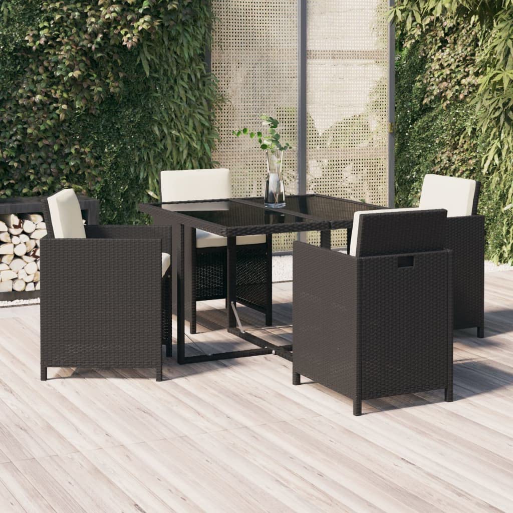 Salon de jardin 5 pièces en rotin noir avec coussins et table en verre