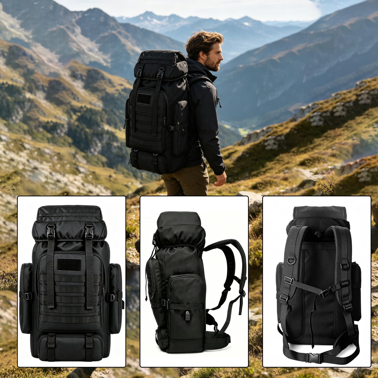 Zaino da trekking da 80 l, impermeabile, da campeggio, per uomini e donne, resistente, in tessuto Oxford 900D, grande zaino tattico militare per arrampicata all'aperto, zaino con zaino in