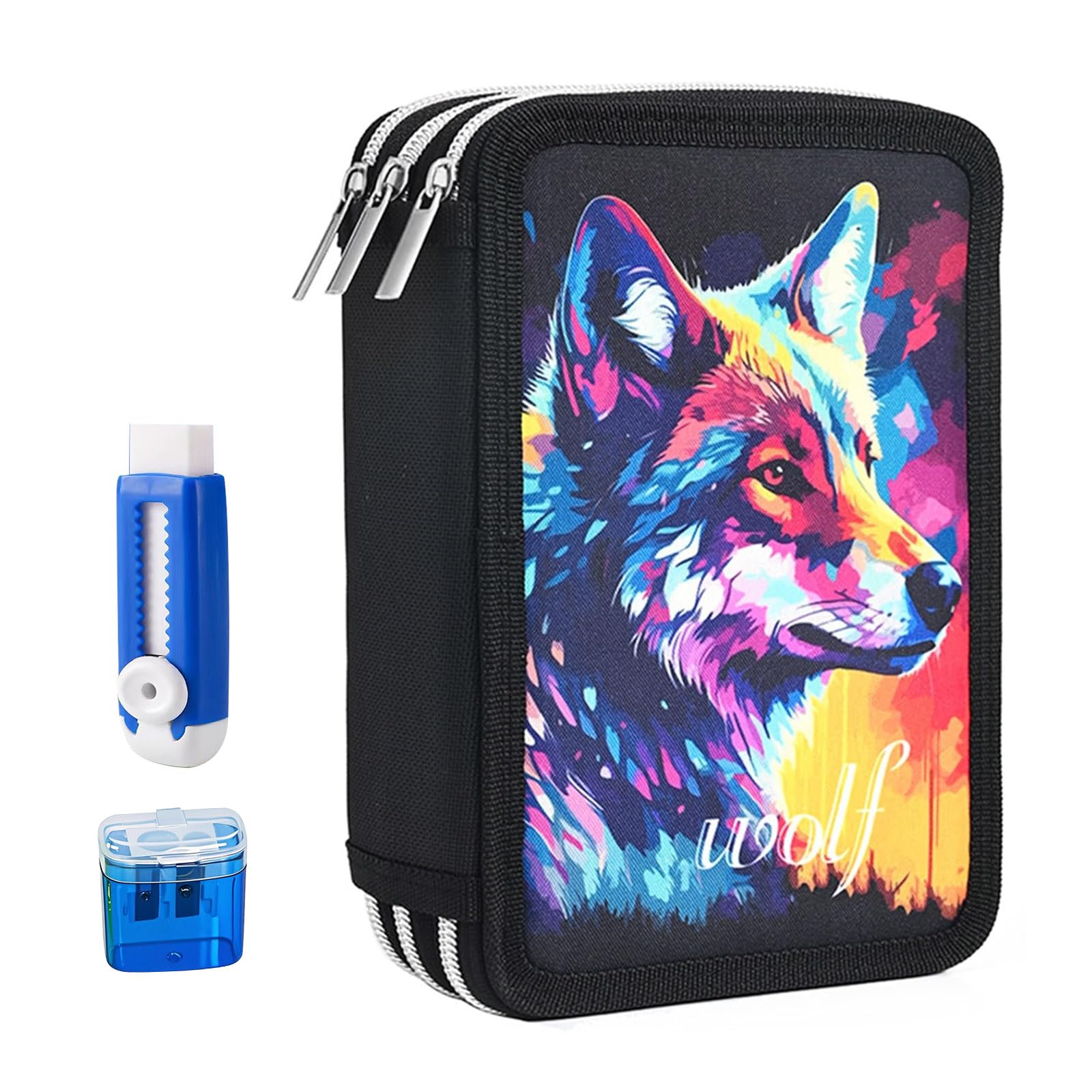 ComPDCVD Pencil Case 3 Compartments Large Pencil Case for Girls and Boys Pencil Case for Teenagers and Adults, rainbow wolf, 22x15x6 cm, Pencil case