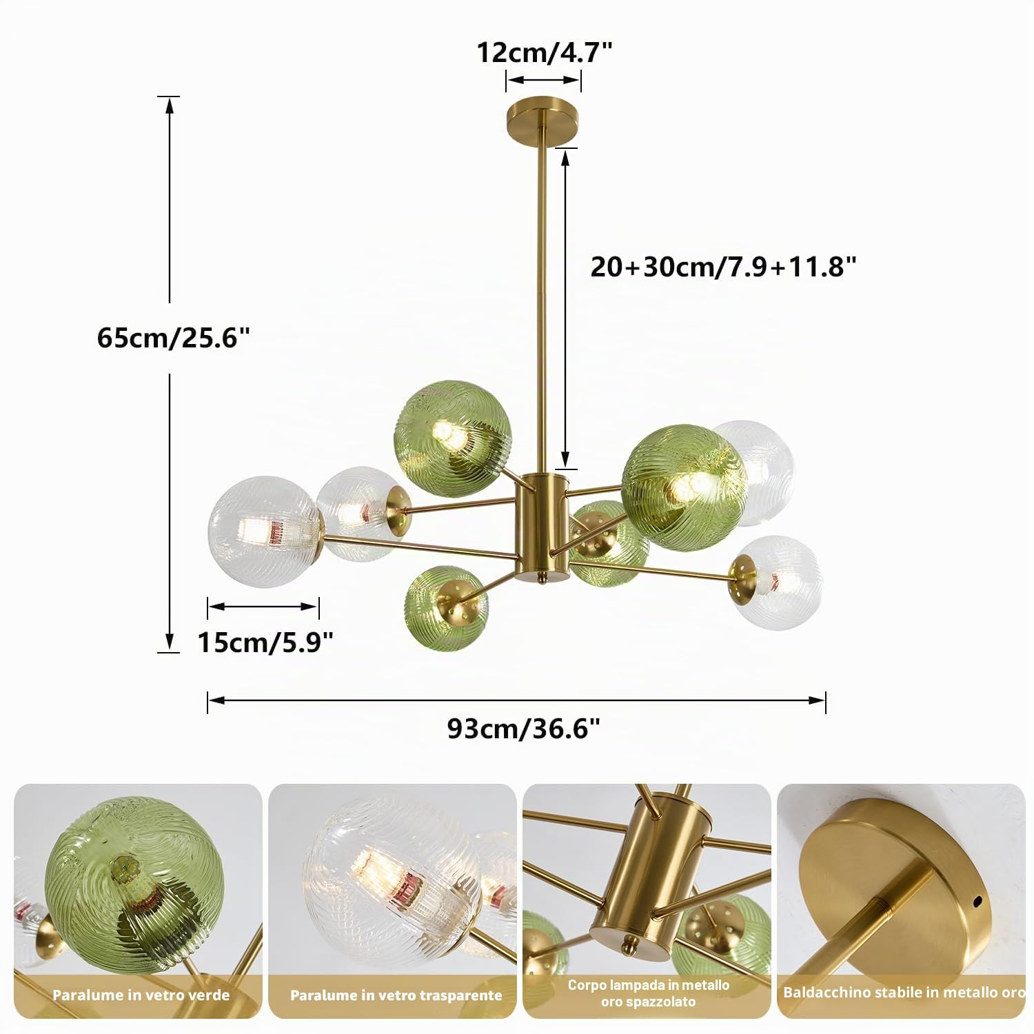 KCO Illuminazione Lampada da soffitto in vetro trasparente a bolle a 8 luci Lampadario in vetro verde metà secolo Lampadario moderno a globo dorato Lampadario a sospensione in ottone Apparecchio da