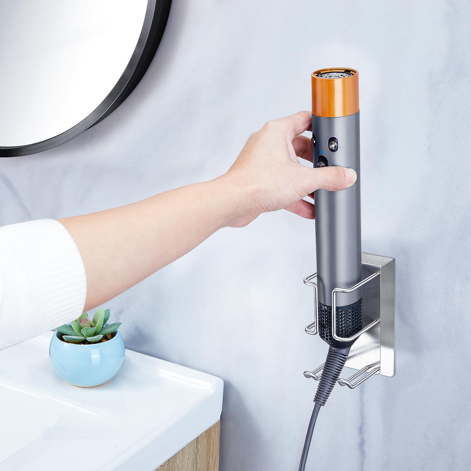 GGQ Supporto per asciugacapelli e piastra, porta phon senza foratura, porta phon da muro, contenitore per piastra e asciugacapelli, appendi phon bagno autoadesivo (Argento)