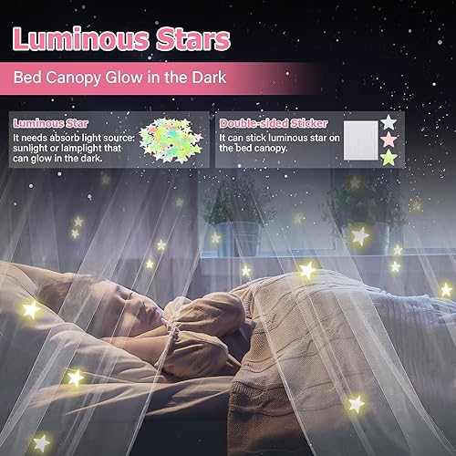 Miniatura 3 de Toldo de cama con luces, toldo de cama para niñas princesa con estrellas luminosas, cortinas de cama para cama de tamaño individual a King,