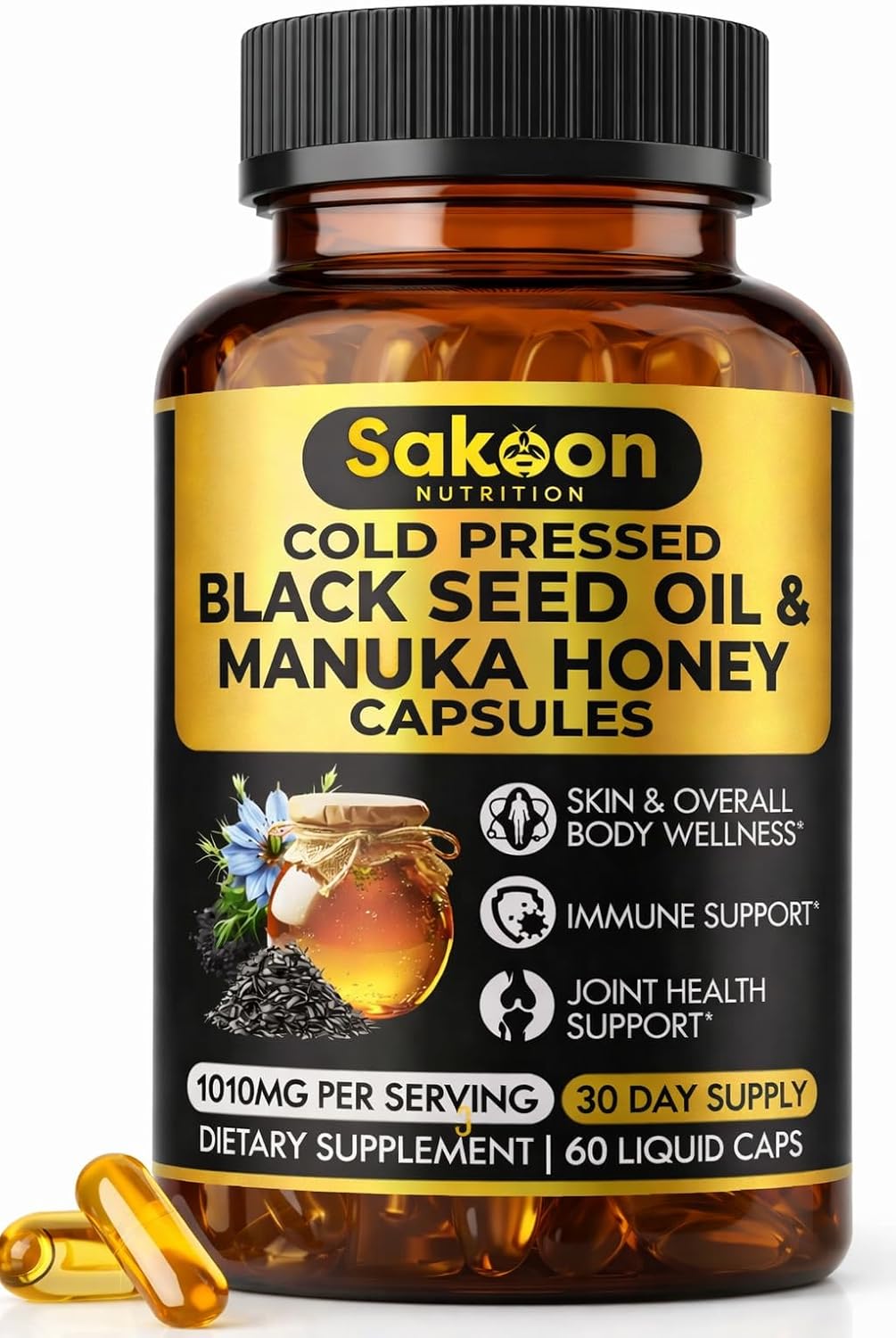 Black Seed Oil Capsules - With New Zealand Manuka Honey, Cold Pressed Turkish Nigella Sativa Oil, 2% Thymoquinone, Immune & Digestive Support, Made in USA, 60 Count, 1010mg per serving