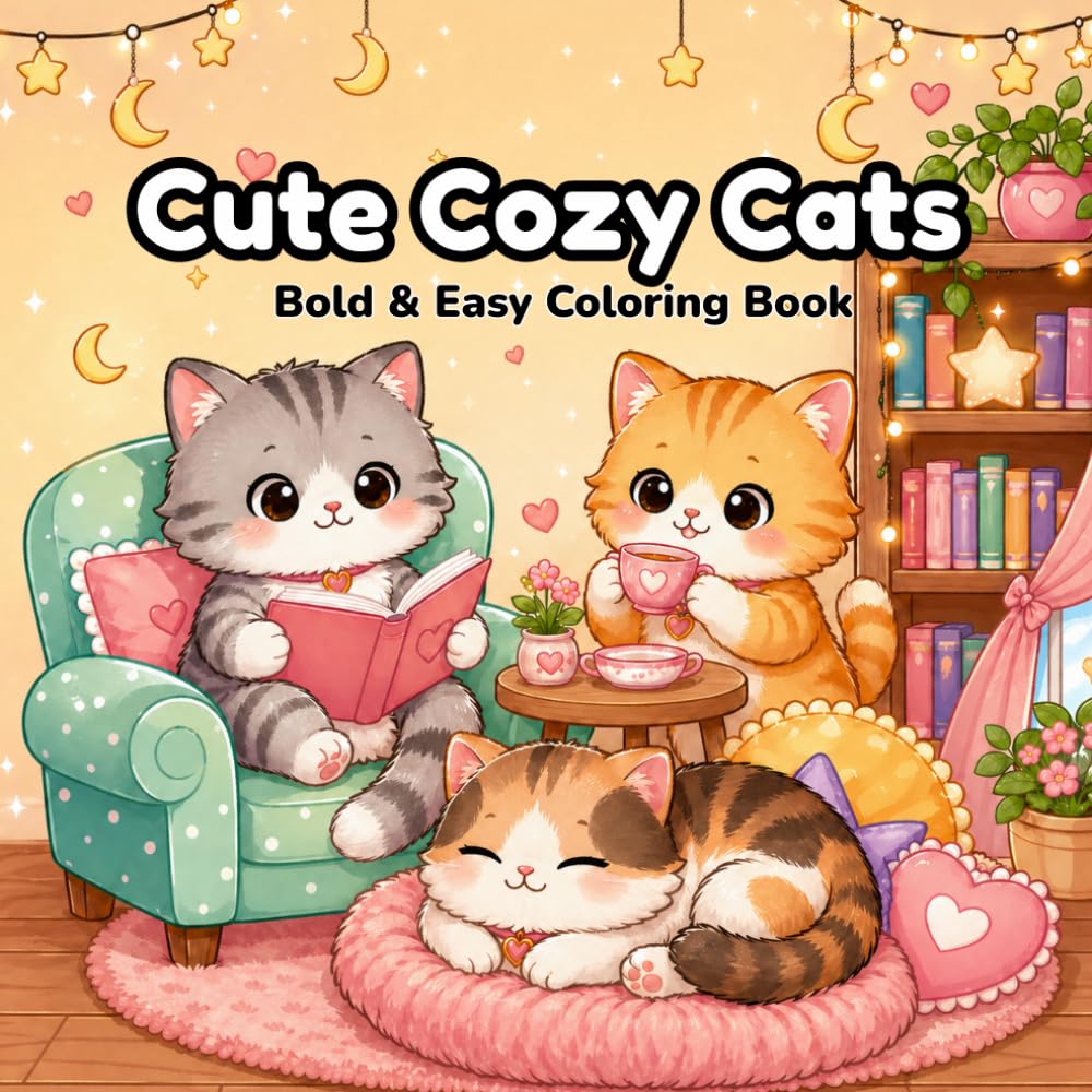 Cute Cozy Cats Coloring Book: 40 Bold and Easy Cat Coloring Pages for Adults, Teens, Kids, Seniors, and Cat Lovers