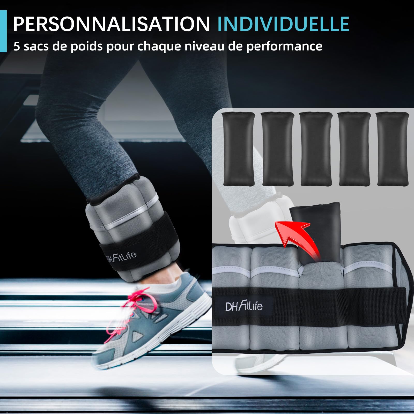 DH FitLife Lot de 2 poids pour chevilles avec poids réglables pour jambes | 2 variantes 2 x 2,5 kg et 2 x 4,5 kg | Poids cheville | Poids de cheville pour la musculation