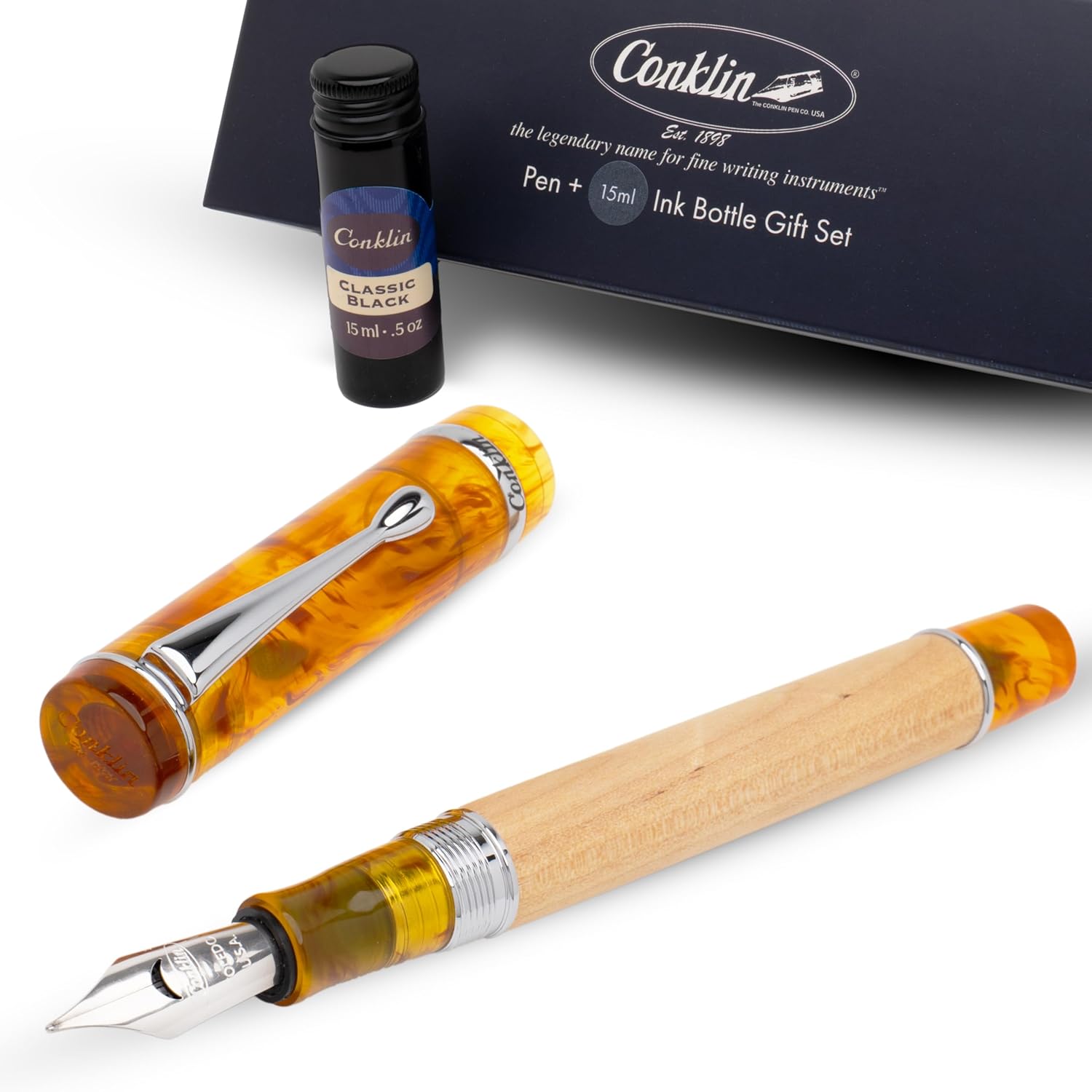 Conklin Duragraph Voyager Fountain Pen Medium Nib – Birchwood + European Resin + Free 15ml Ink Bottle – Executive Gift Pen for Writers, Collectors, Men & Women