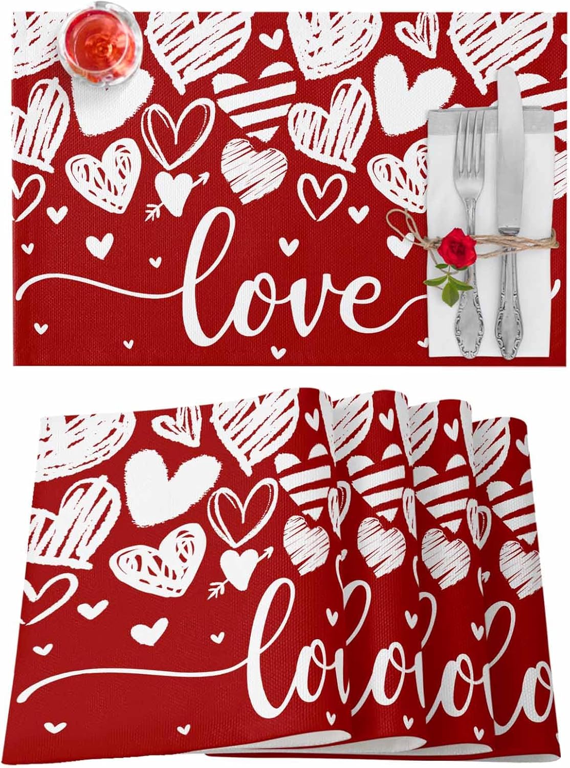 Valentines Day Placemats Set of 4 Heart Table Mats, Romantic Love Winter Seasonal Holiday Outdoor Dining Table Place Mats for Home Party Decoration(Red and White, 13"x19")