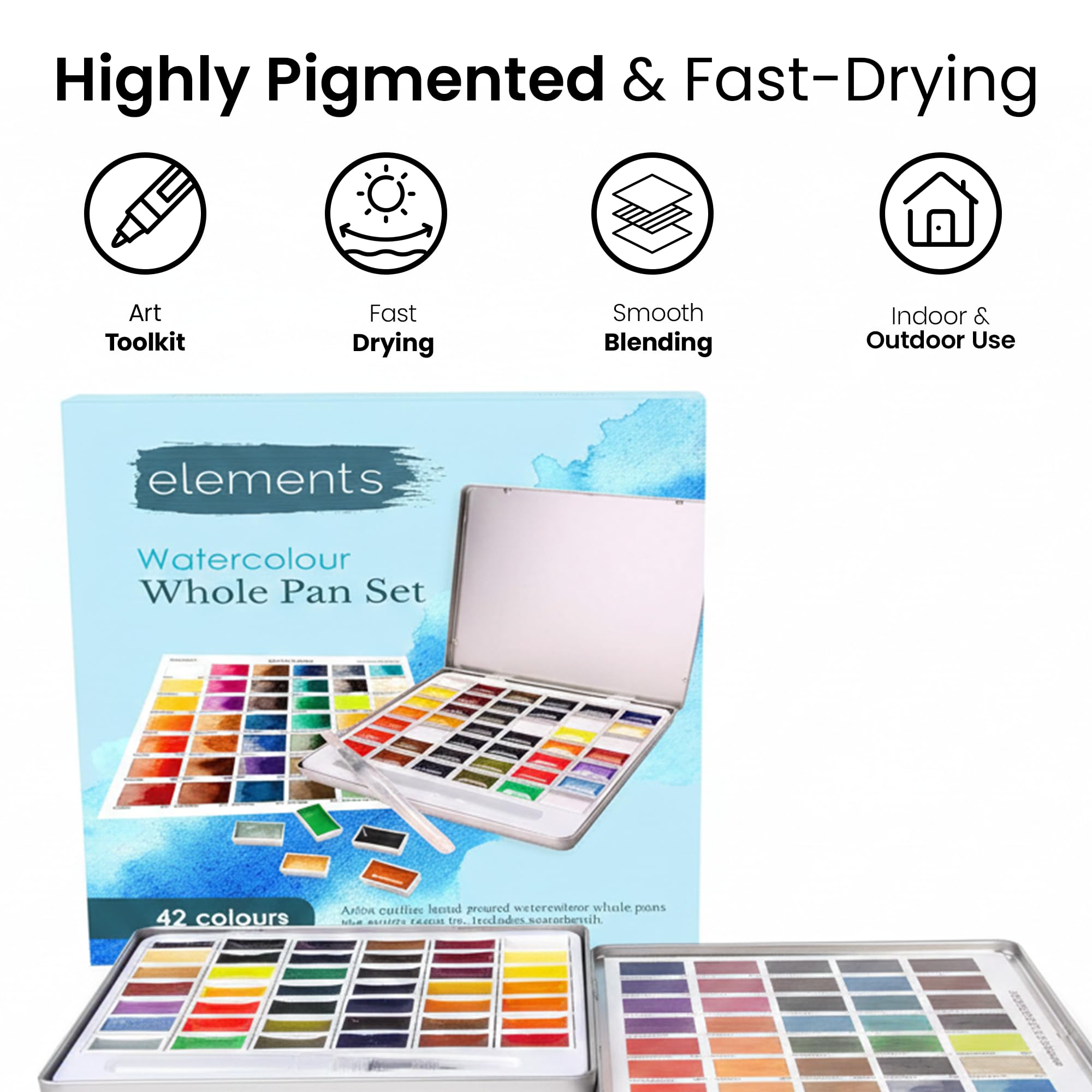 Elements Aquarellfarben-Set – 42 Premium-Aquarellfarben ganze Pfannen – handgegossene cremige Farbpfannen perfekt für Künstler, Anfänger, Studenten oder Hobbyisten mit 1 vielseitigem Wasserpinsel